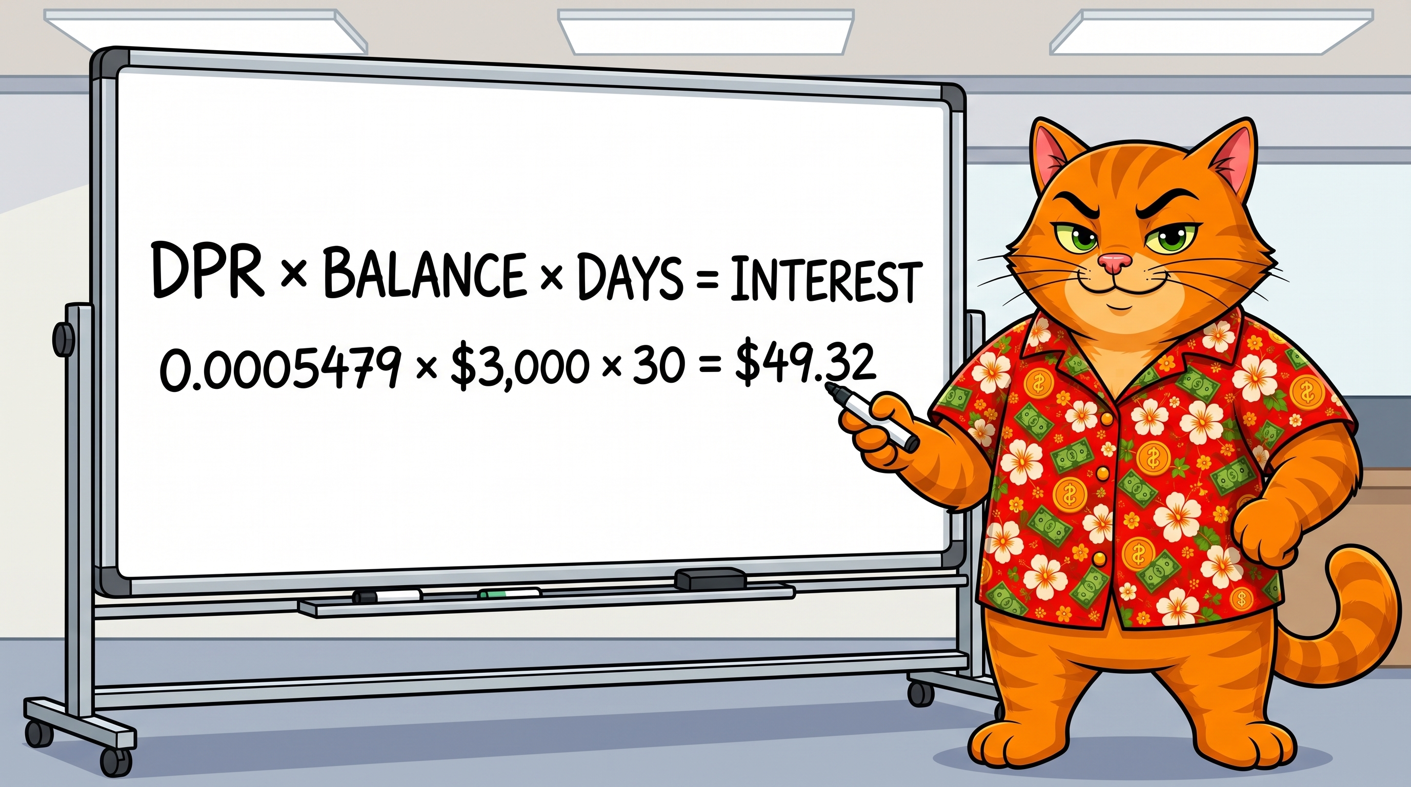 The math behind the number: rate × balance × days.