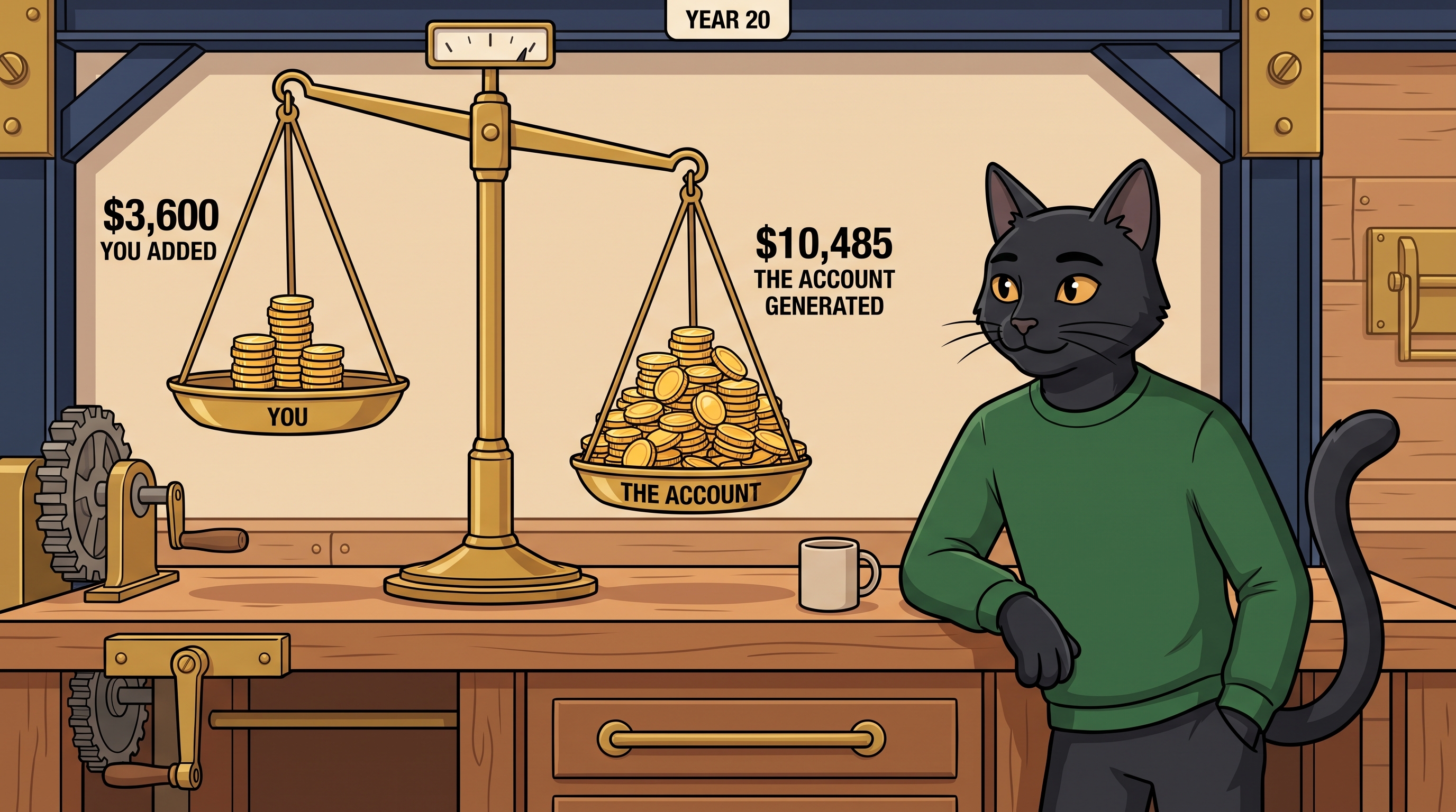 Year 20: you added $3,600. The account generated $10,485.