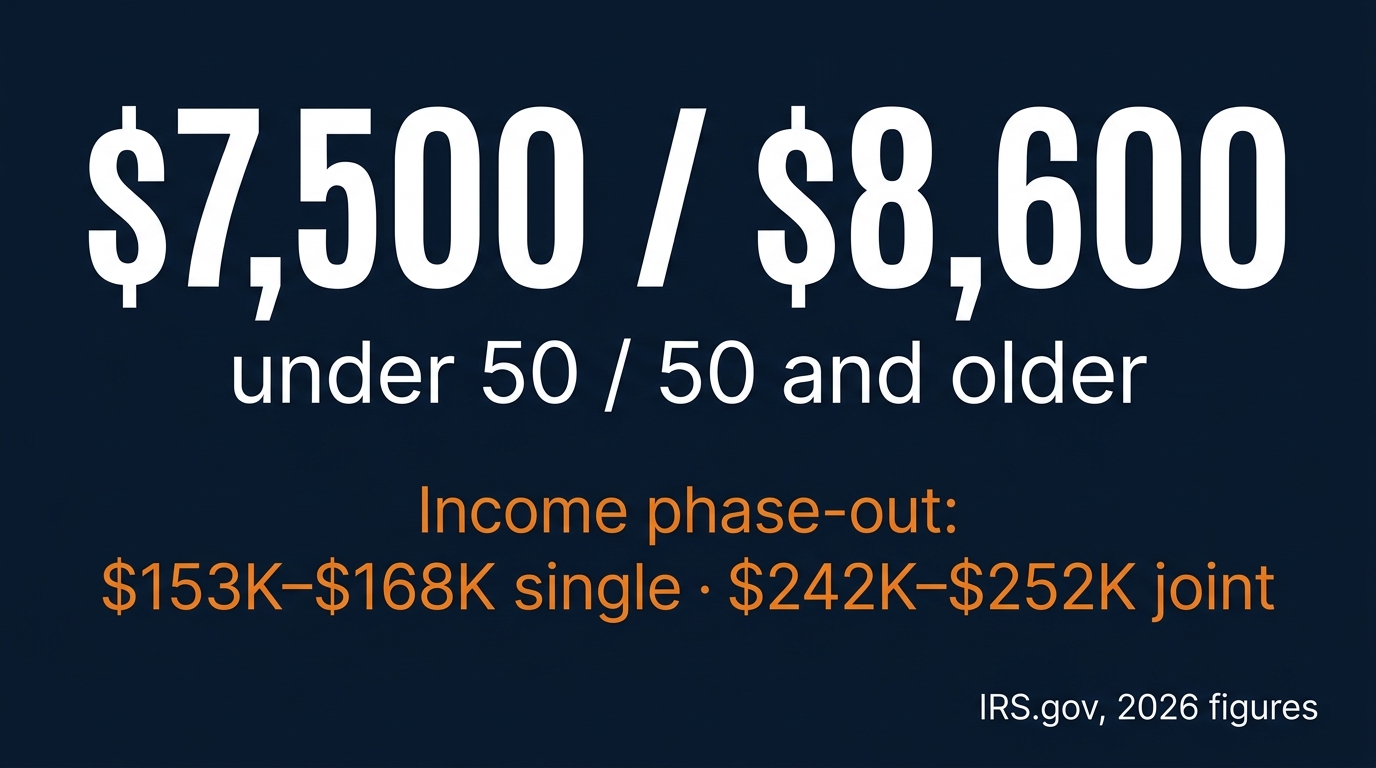 $7,500/$8,600 under 50/50 and older. Income phase-out: $153K-$168K single, $242K-$252K joint.