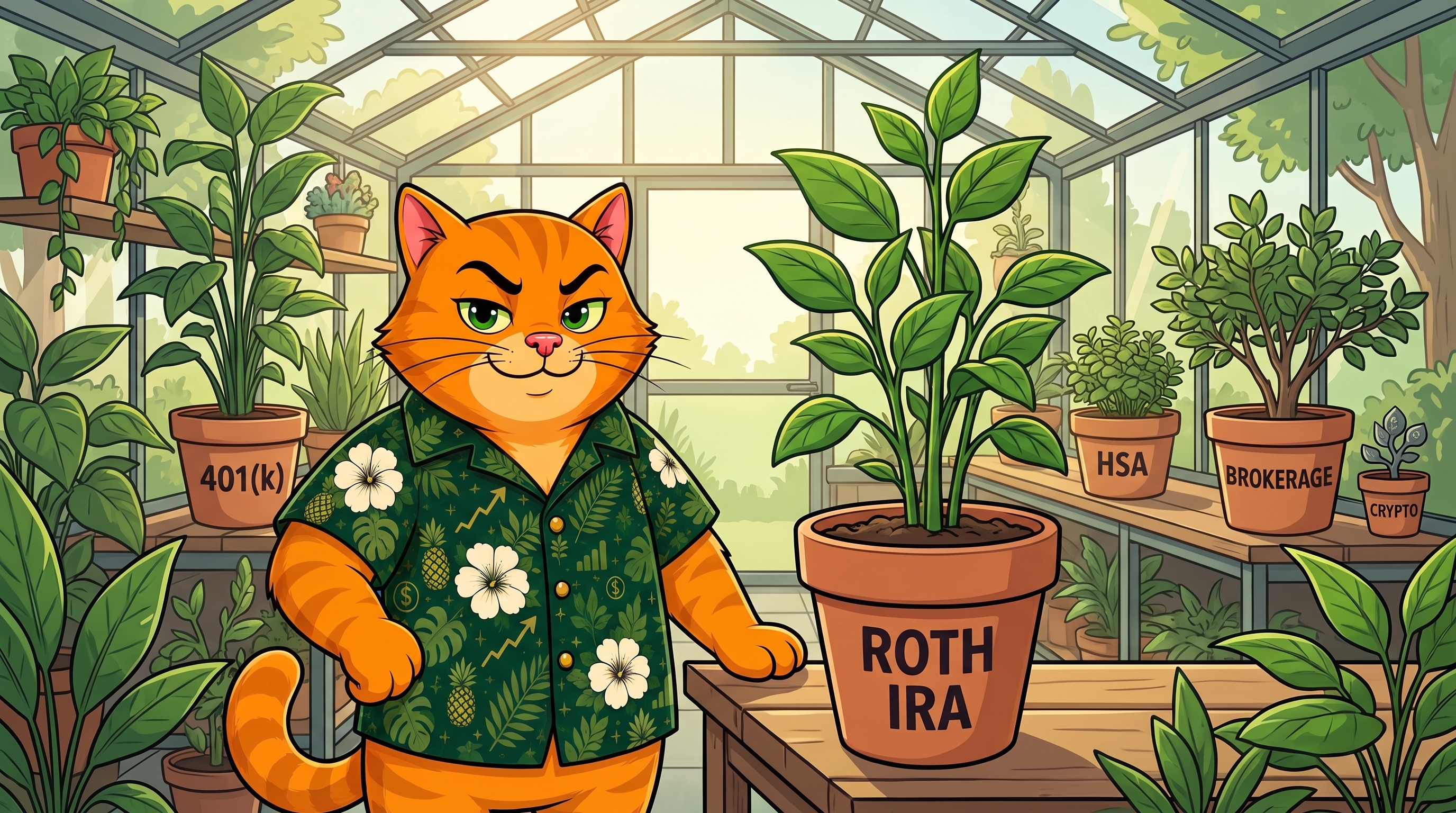 A greenhouse of retirement accounts — 401(k), HSA, brokerage, crypto, and Roth IRA — all needing the same thing: something actually planted inside them.
