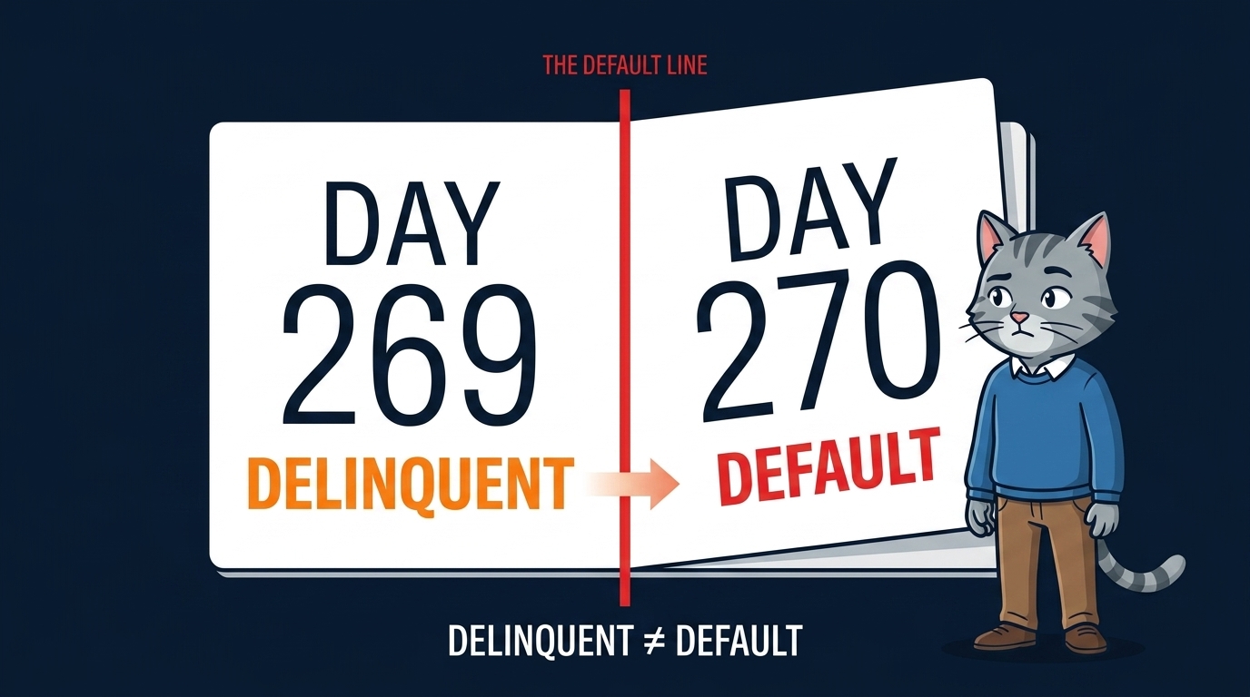 Day 269: delinquent. Day 270: default. Delinquent does not equal default.