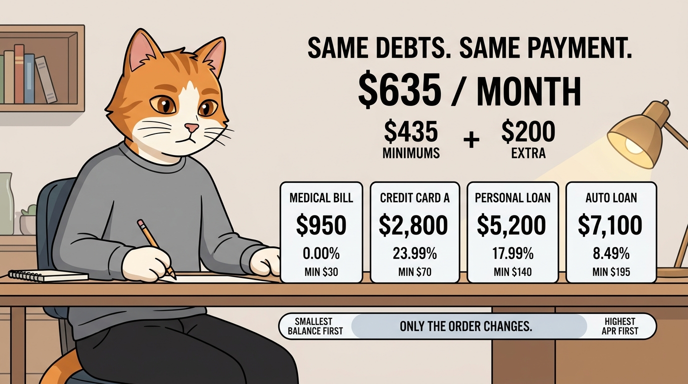 Same debts. Same $635/month payment. Only the order changes.