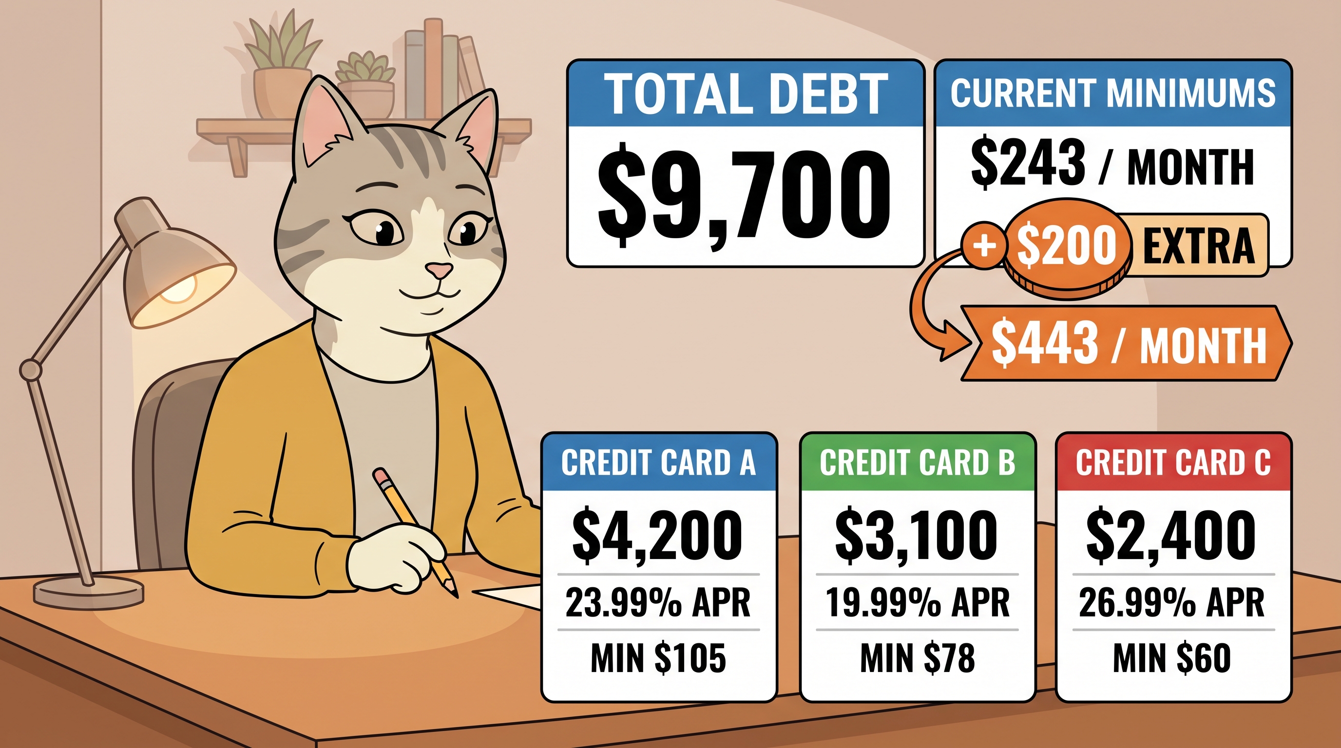 Diana's three cards: $9,700 total, $443/month if she puts everything toward it.