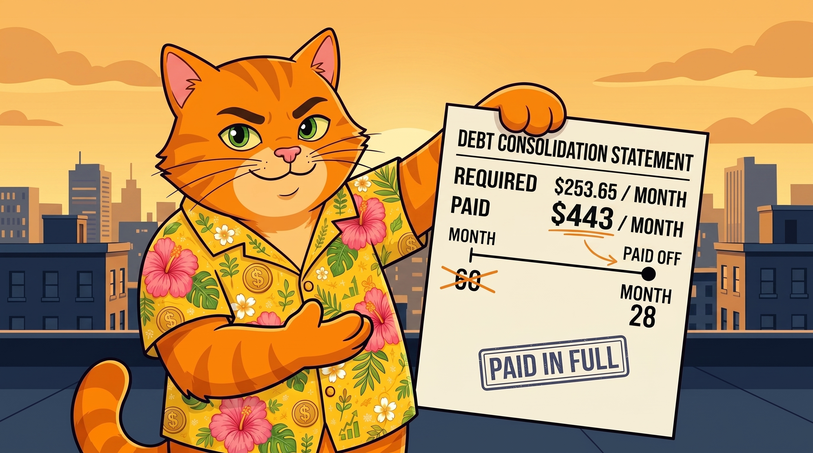 Debt consolidation statement: required $253.65/month, paid $443/month, paid in full at month 28 instead of month 60.