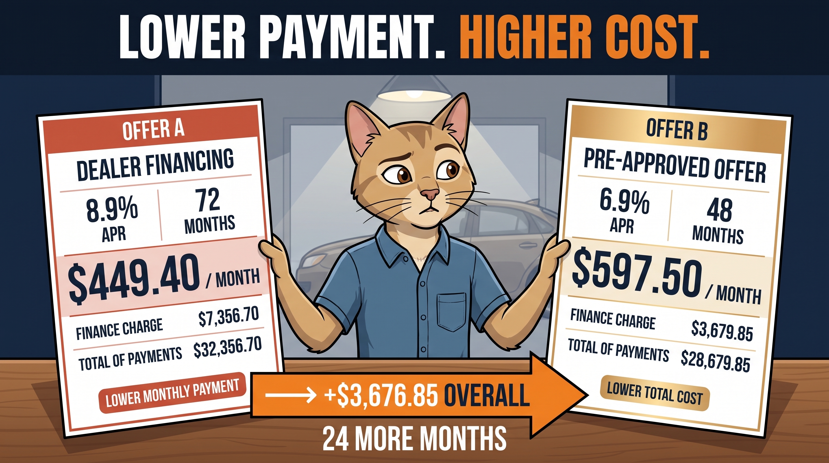 Lower payment, higher cost: Offer A at $449.40/month over 72 months vs. Offer B at $597.50/month over 48 months, a $3,676.85 overall difference.