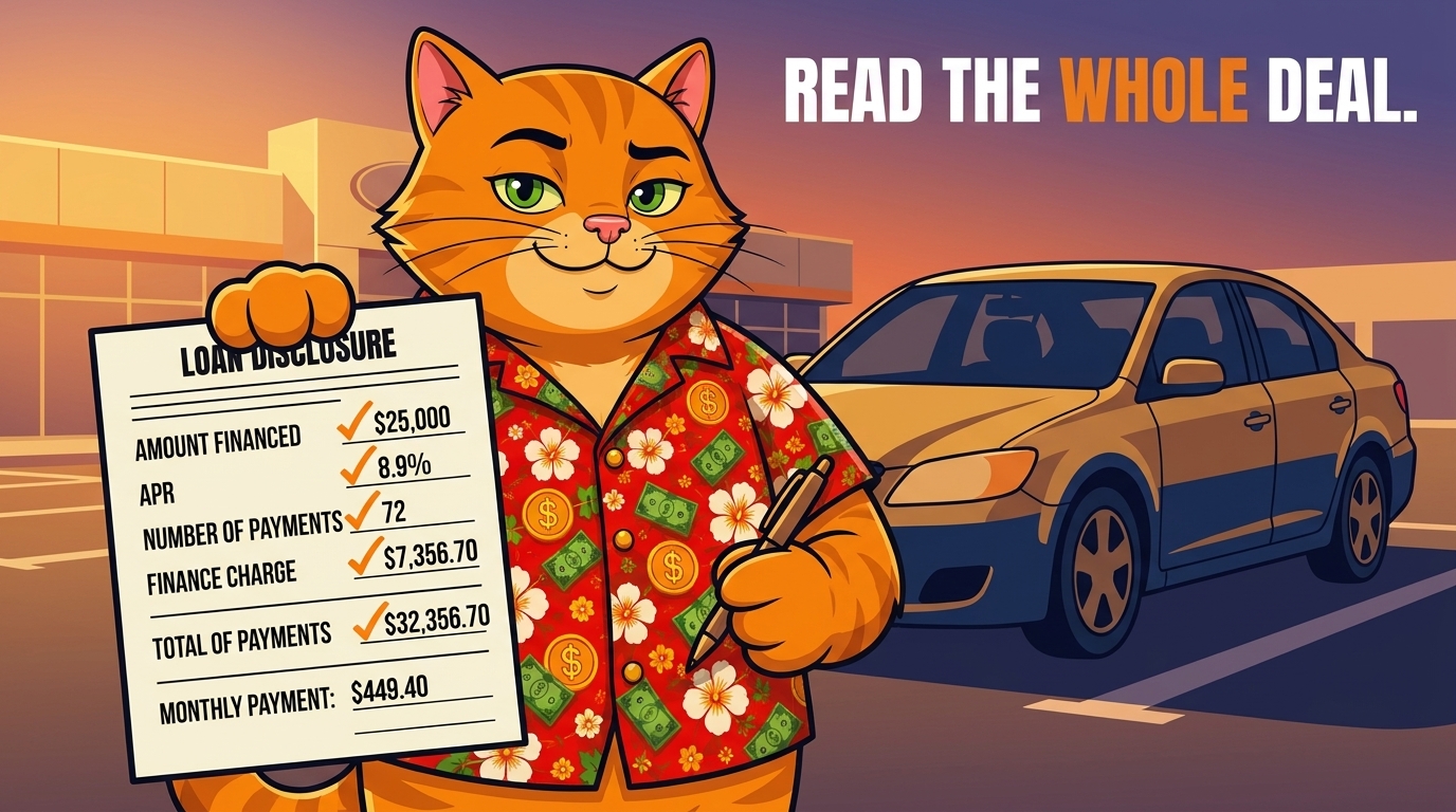 Read the whole deal: a full loan disclosure listing amount financed, APR, number of payments, finance charge, total of payments, and monthly payment.