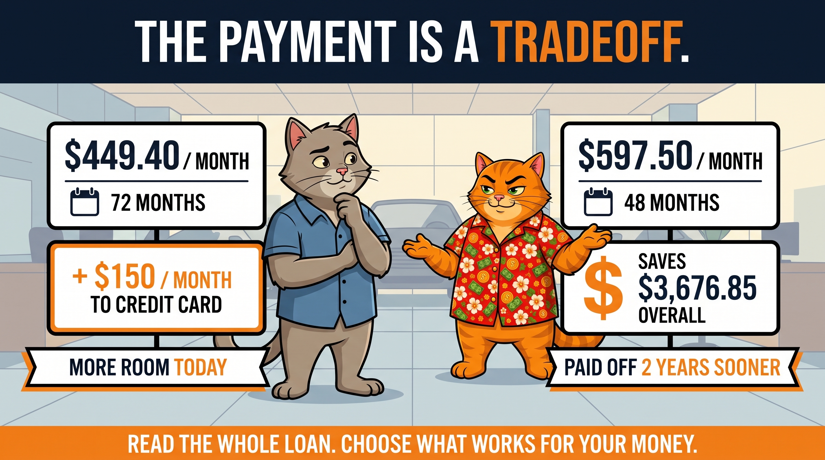 The payment is a tradeoff: $449.40/month plus $150/month to credit card means more room today, versus $597.50/month saving $3,676.85 overall and paid off 2 years sooner.