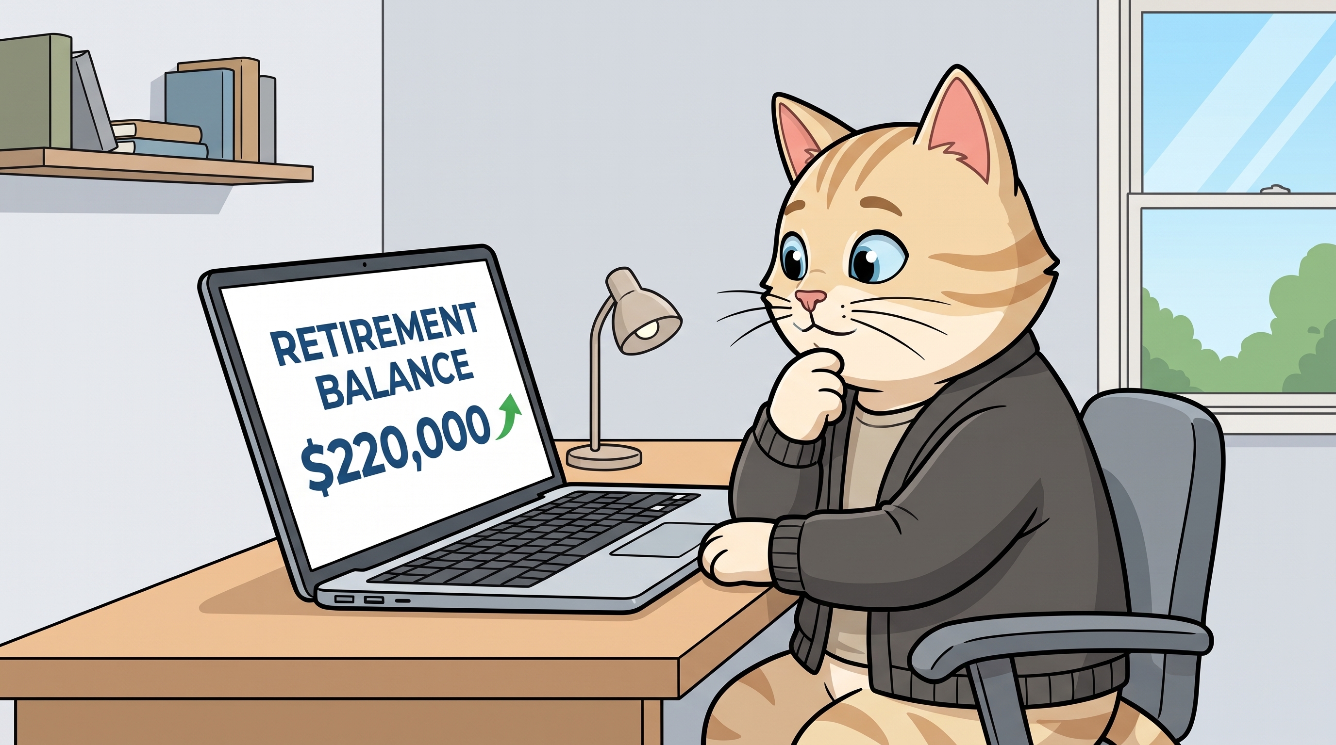 A cat at a laptop looking at a retirement balance of $220,000, wondering if it's already on track.