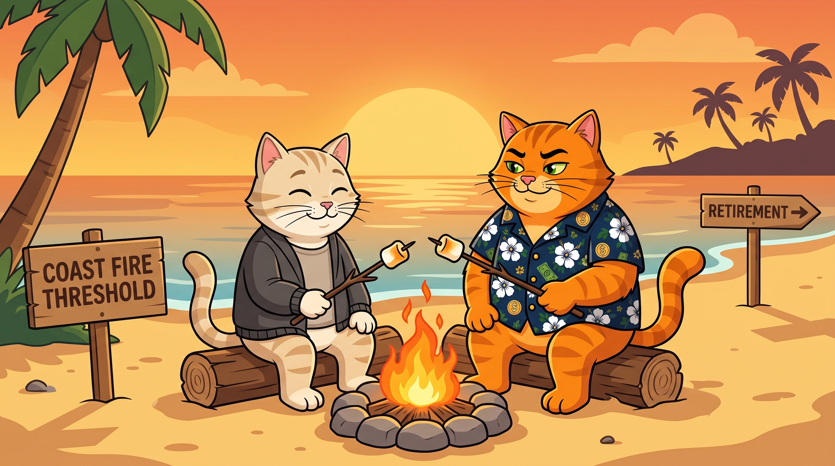 Two cats sitting by a campfire on a beach at sunset, with a Coast FIRE Threshold sign and a Retirement arrow sign nearby.