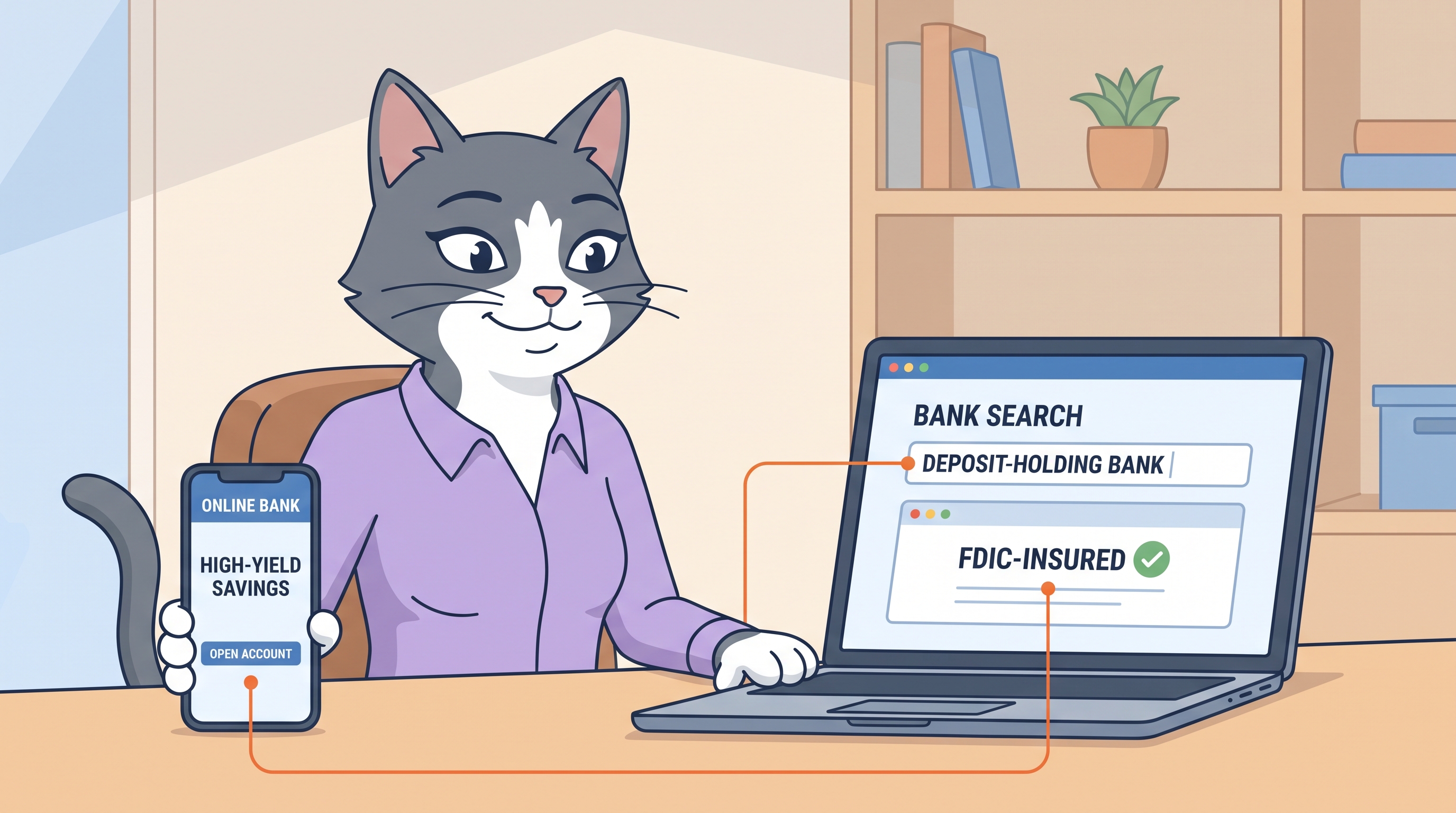 Naomi holding her phone showing an online bank's high-yield savings offer while checking the deposit-holding bank on a laptop bank search that shows FDIC-insured.
