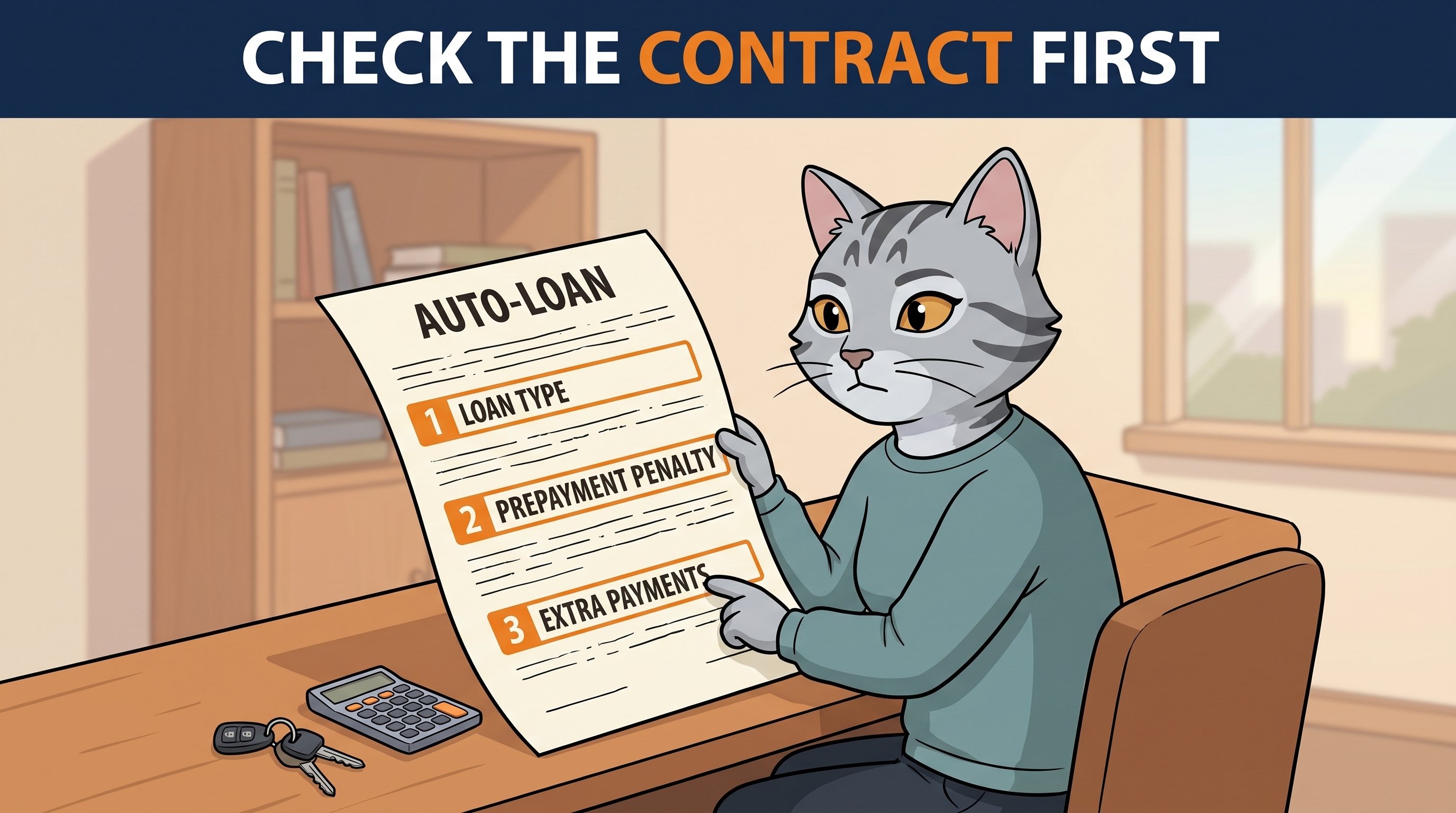 Check the contract first: a cat reading an auto-loan contract with three items highlighted — loan type, prepayment penalty, and extra payments.