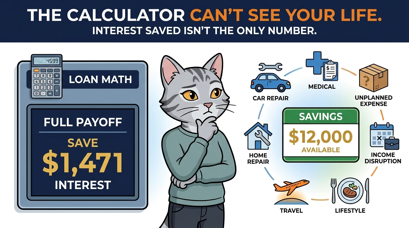 The calculator can't see your life. Loan math says full payoff saves $1,471 in interest, but $12,000 in savings is also available for car repair, medical bills, unplanned expenses, income disruption, lifestyle, travel, and home repair.