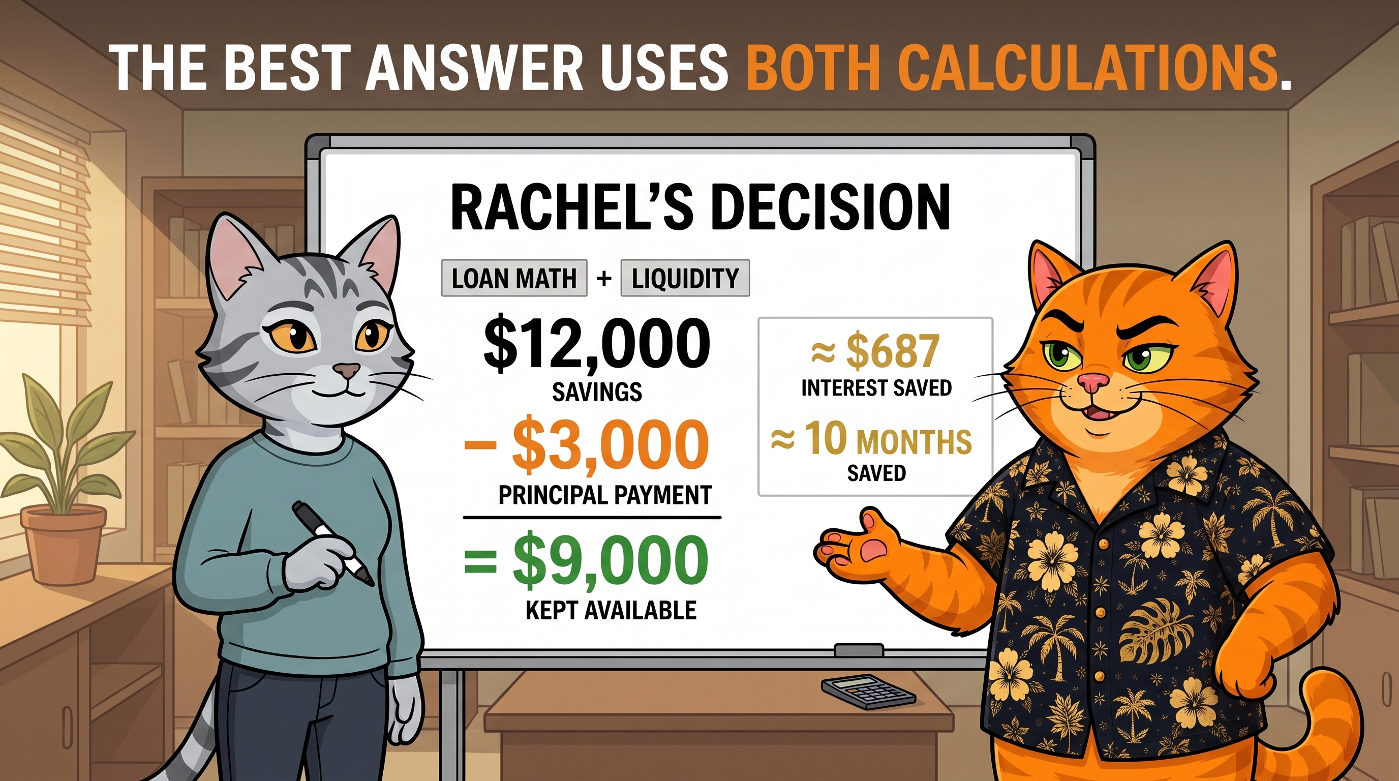 Rachel's decision: loan math plus liquidity. $12,000 savings minus a $3,000 principal payment equals $9,000 kept available, saving approximately $687 in interest and about 10 months.