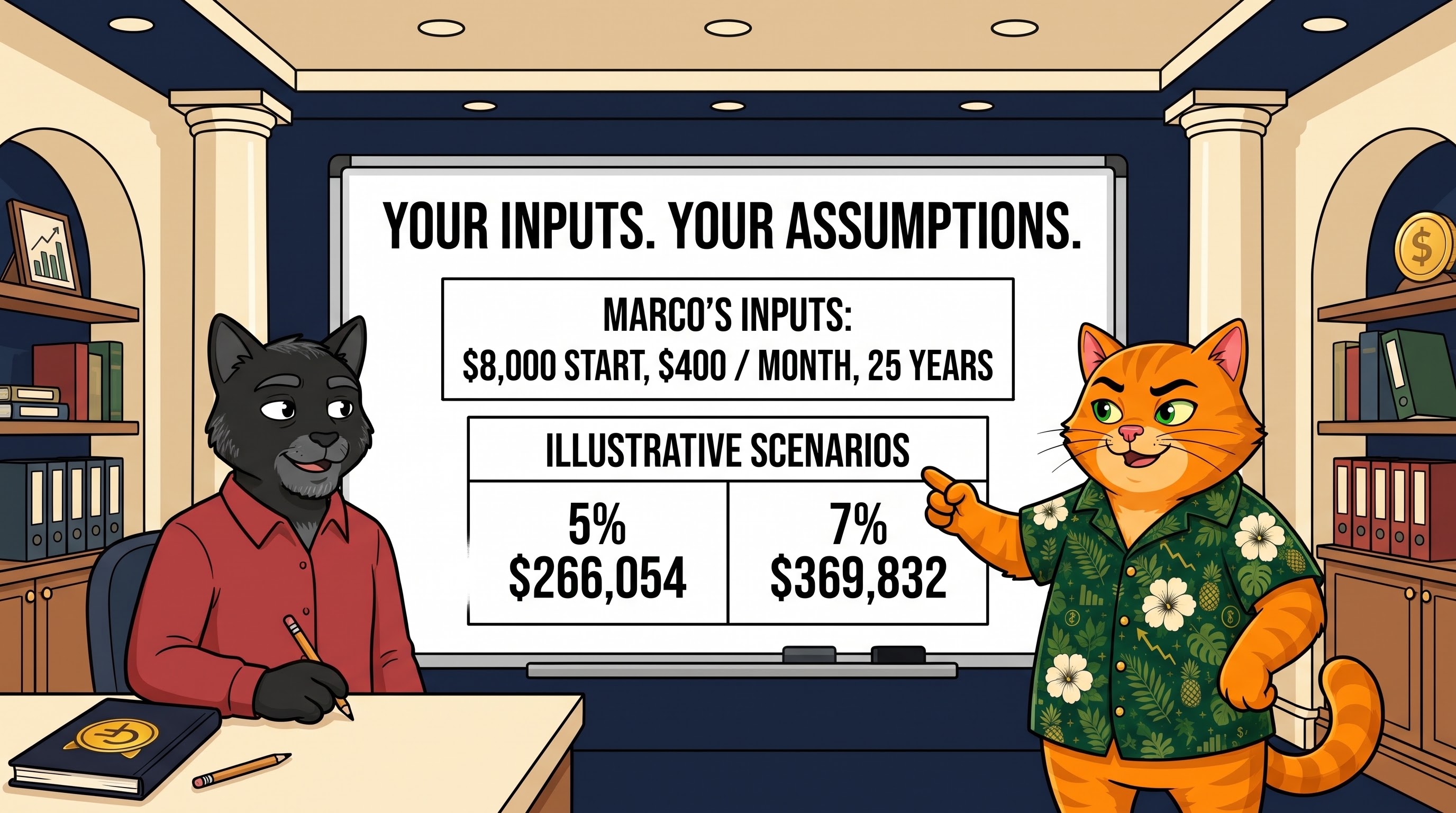 Marco and Chuck in an office beside a whiteboard titled Your Inputs. Your Assumptions. It lists Marco's inputs of an $8,000 start, $400 per month, and 25 years, with illustrative scenarios of 5% producing $266,054 and 7% producing $369,832.