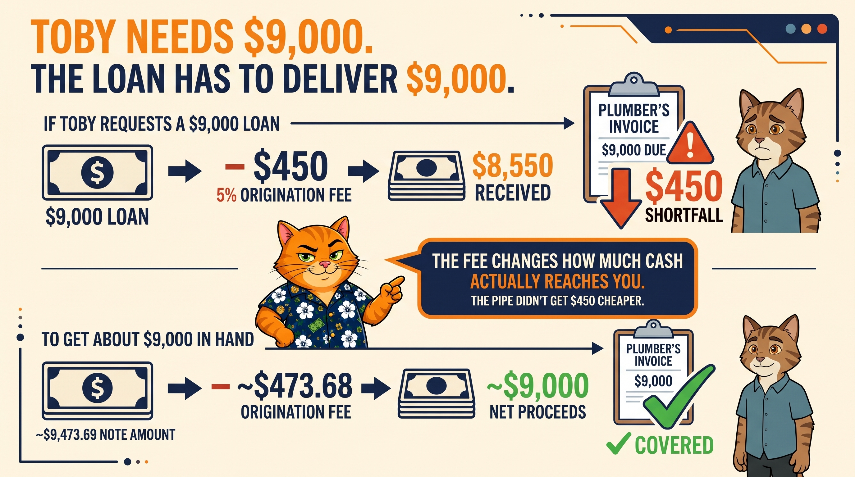 Infographic titled Toby Needs $9,000. The Loan Has to Deliver $9,000. Top row: a $9,000 loan minus a $450 five percent origination fee leaves $8,550 received, a $450 shortfall against the plumber's $9,000 invoice. Bottom row: a note of about $9,473.69 minus an origination fee of about $473.68 leaves about $9,000 in net proceeds, covering the invoice.