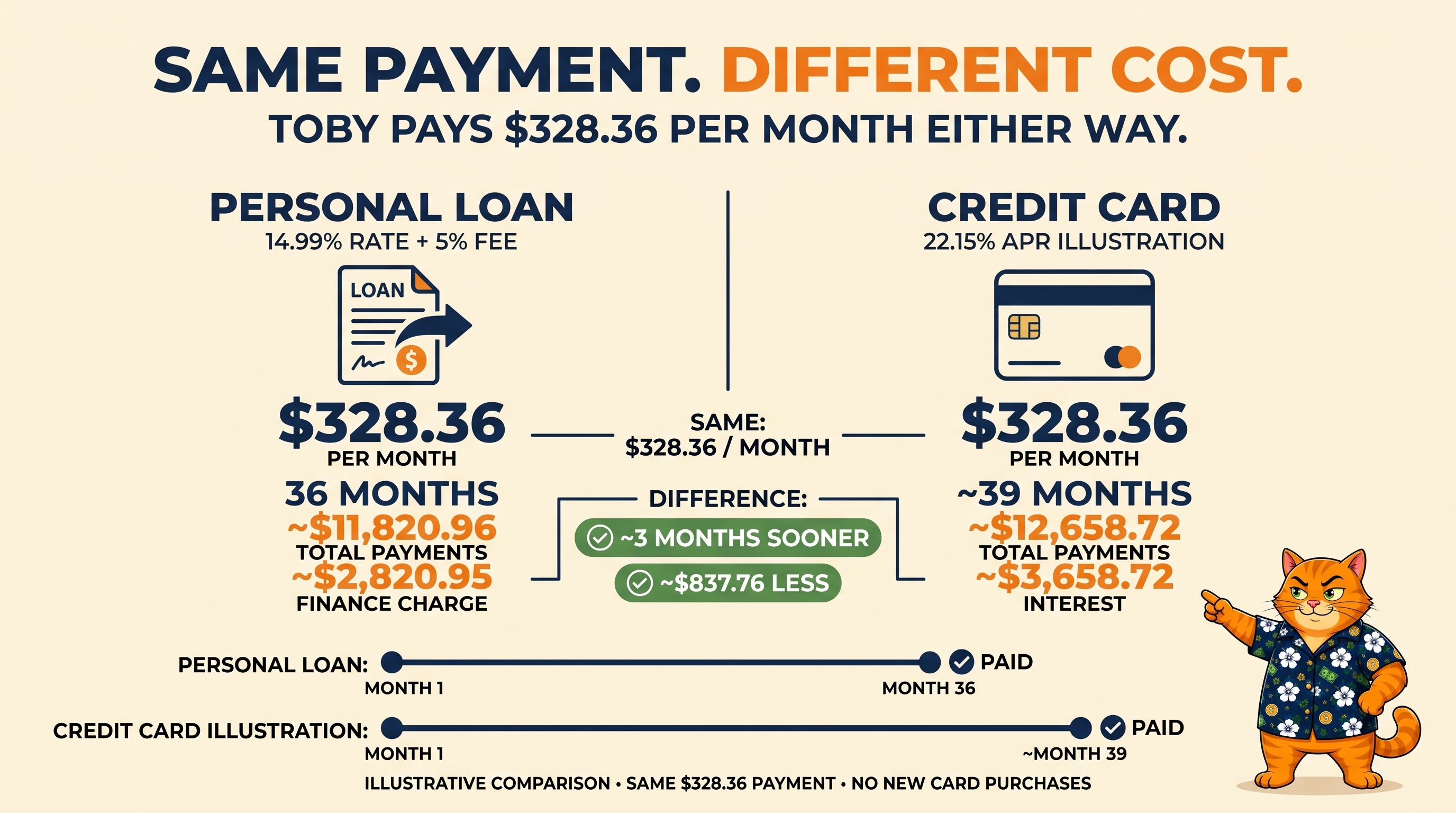 Infographic titled Same Payment. Different Cost. Toby pays $328.36 per month either way. The personal loan at 14.99% plus a 5% fee takes 36 months, with about $11,820.96 in total payments and a $2,820.95 finance charge. The credit card at an illustrative 22.15% APR takes about 39 months, with about $12,658.72 in total payments and $3,658.72 in interest. The loan finishes about three months sooner and costs about $837.76 less. Illustrative comparison, no new card purchases.