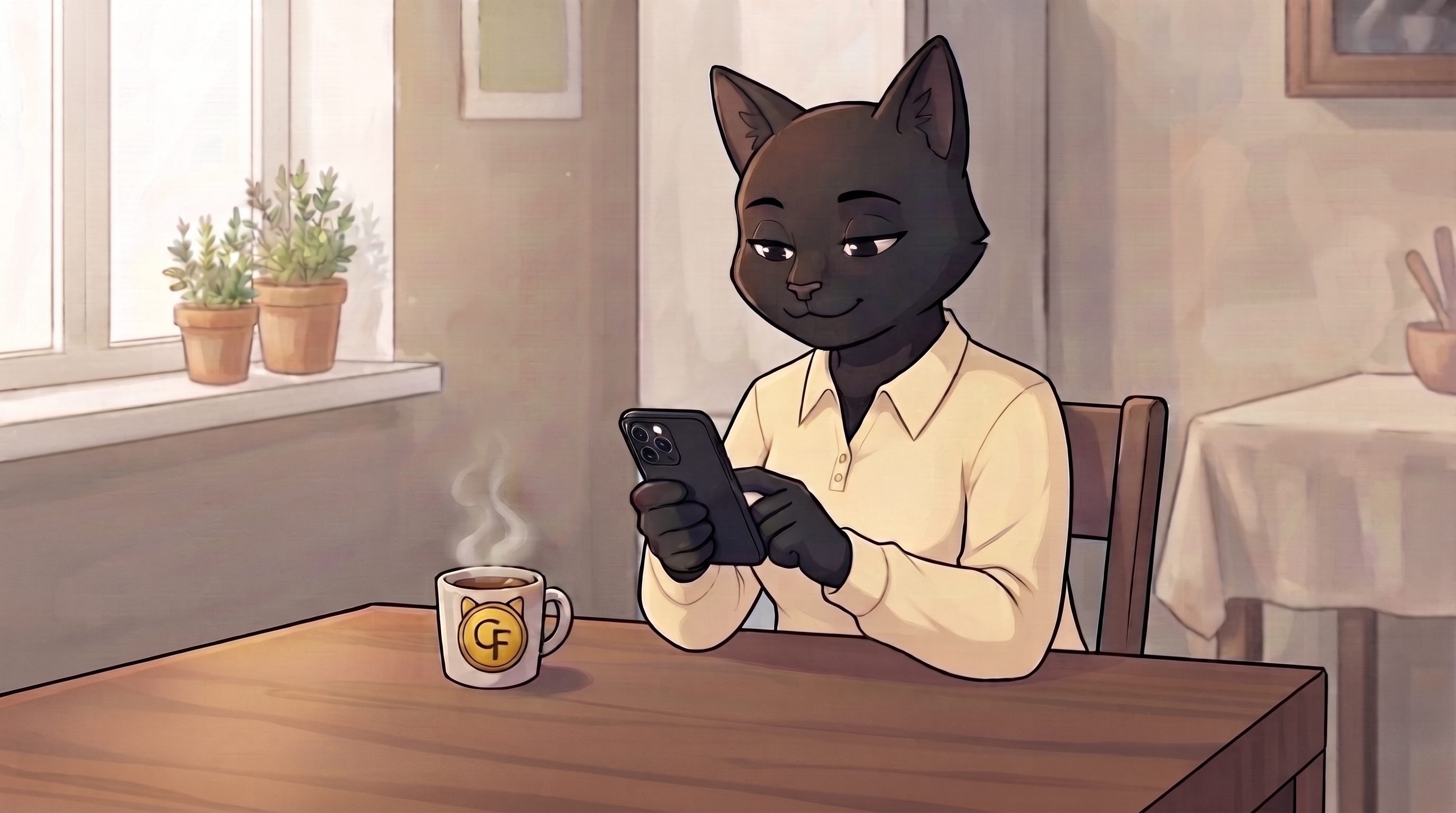 Sarah, an ordinary cat, checking her banking app at the kitchen table on a Tuesday morning