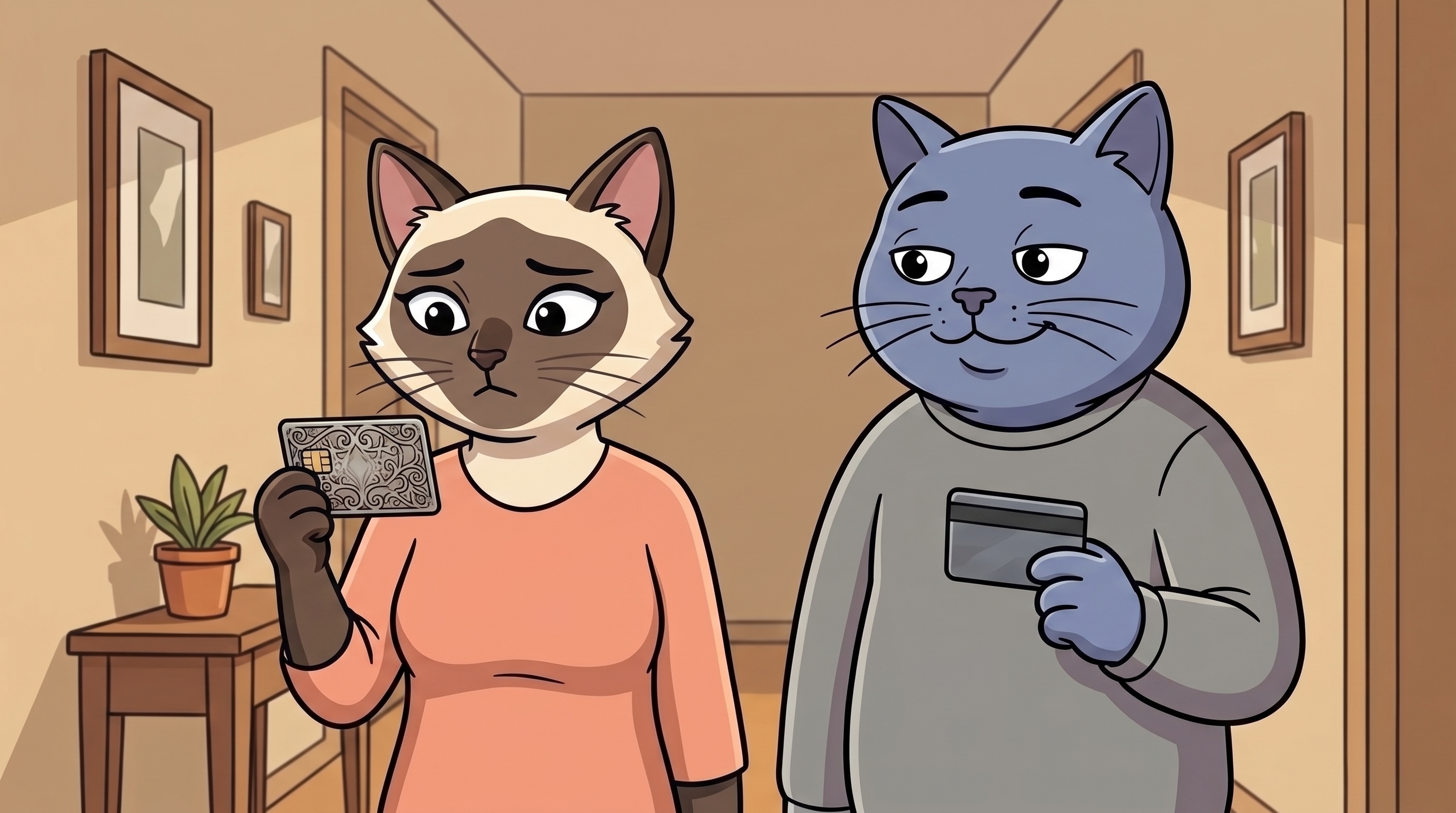 Renata holding her premium card with visible hesitation, Desmond holding his no-fee card completely at ease