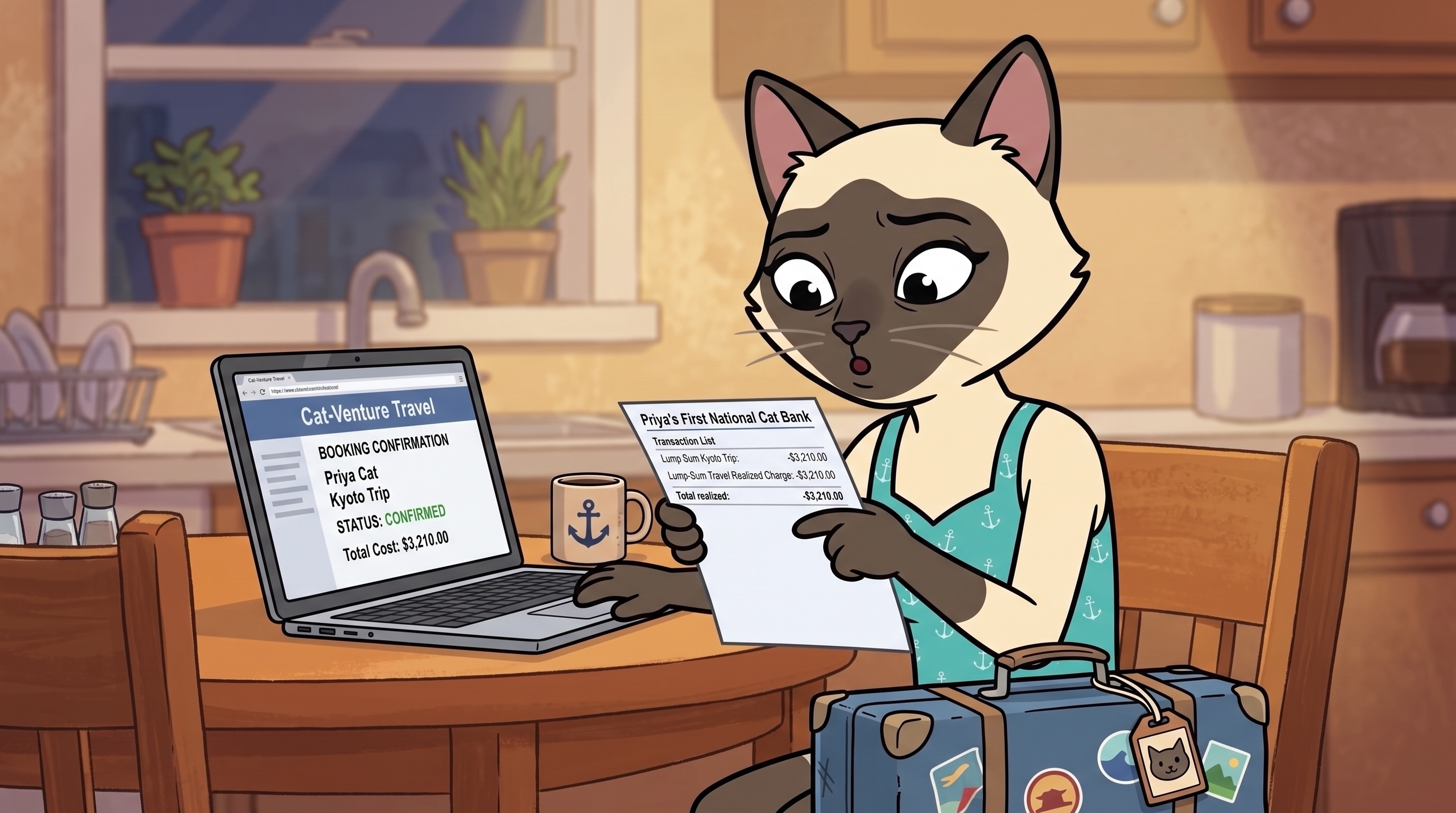 Priya, mid-realization at her kitchen table, looking at a travel booking confirmation and a bank statement