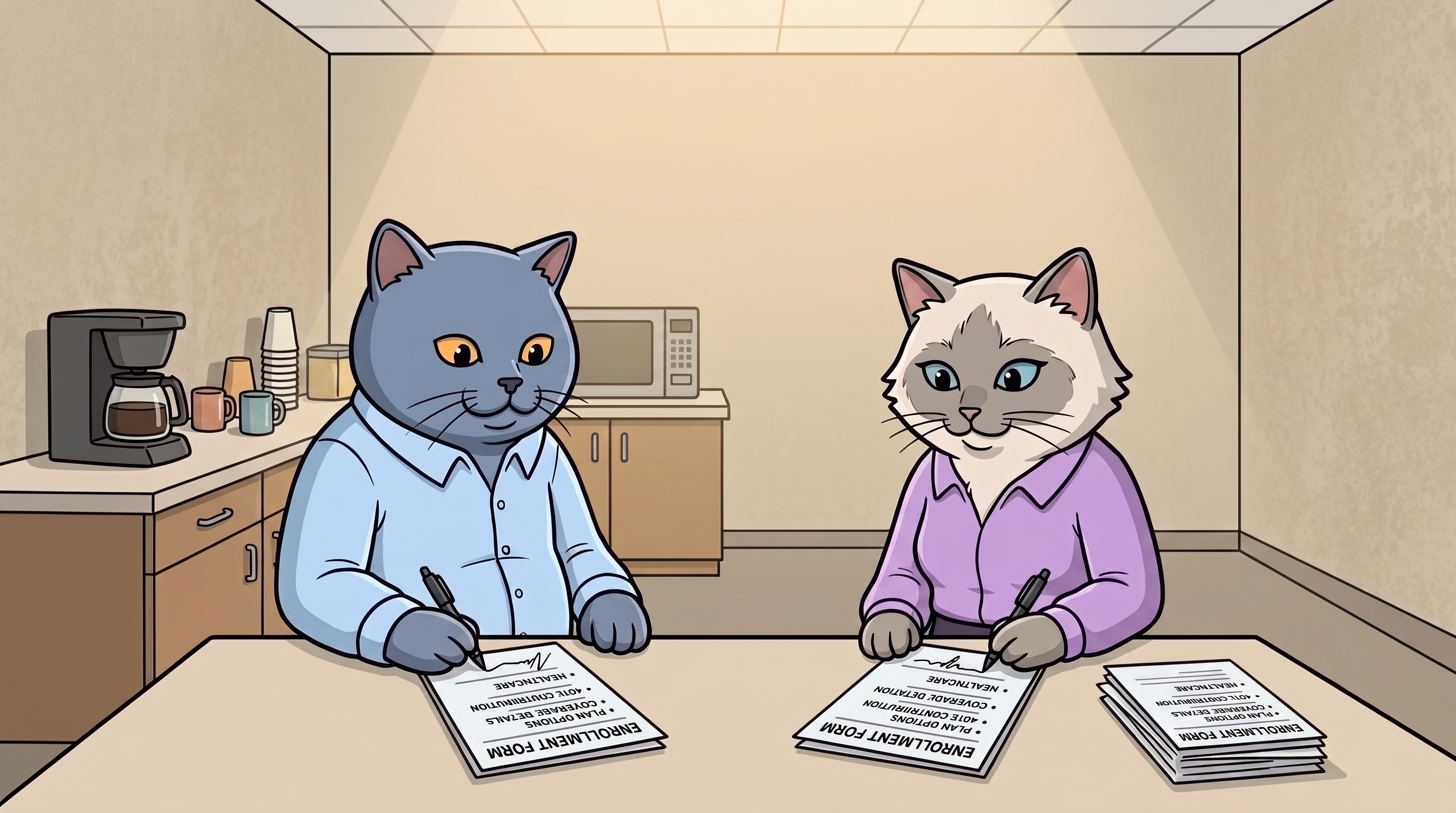 Dorian and Celeste, two cats who started the same job on the same day, now thirty years apart in retirement savings