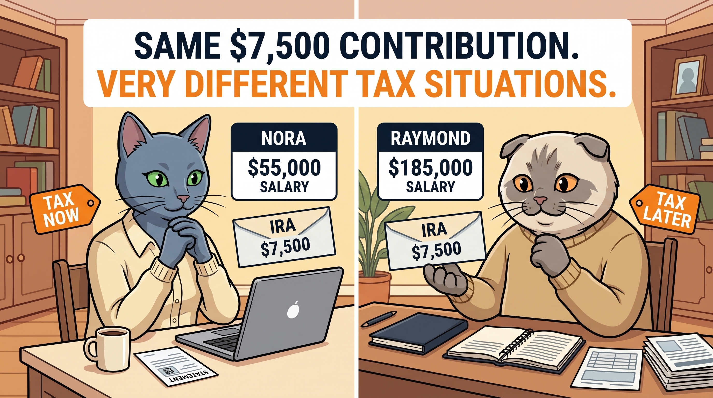 Same $7,500 contribution. Very different tax situations.