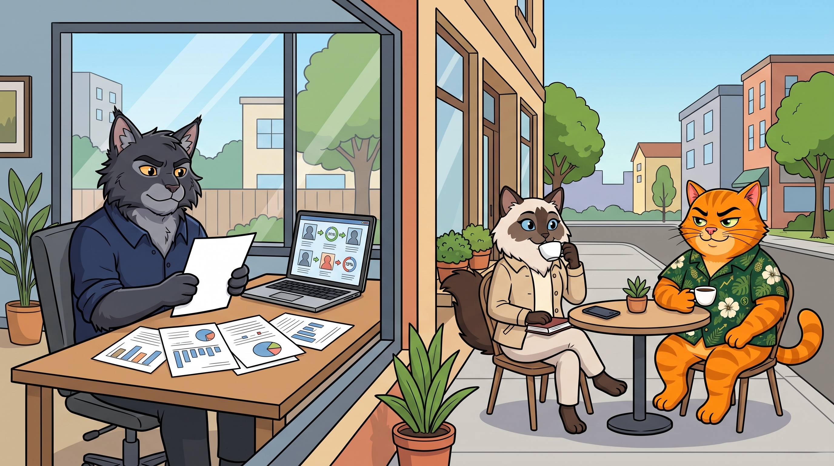 A fund manager buried in charts and reports at his desk, while Kim relaxes over coffee with Chuck at a sidewalk cafe.