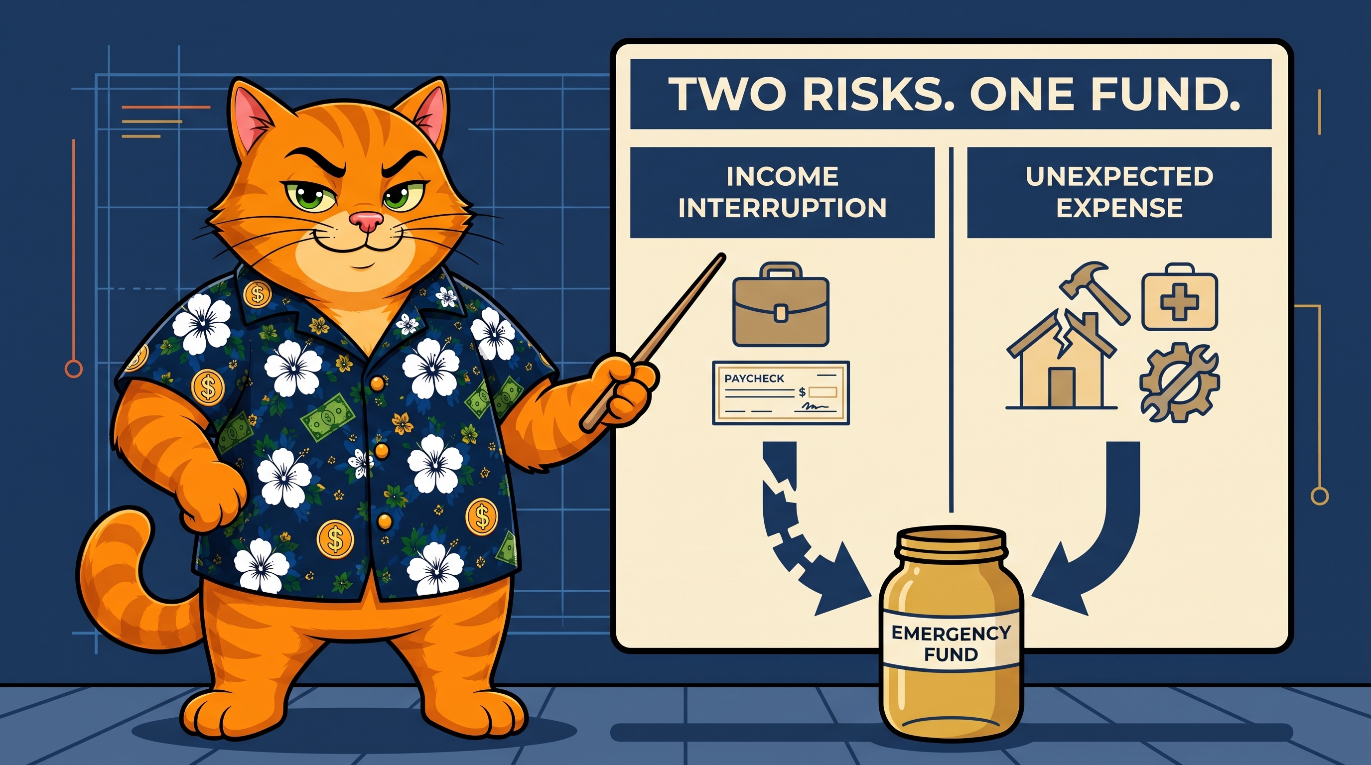 Two risks, one fund: income interruption and unexpected expense both draw from the same emergency fund.