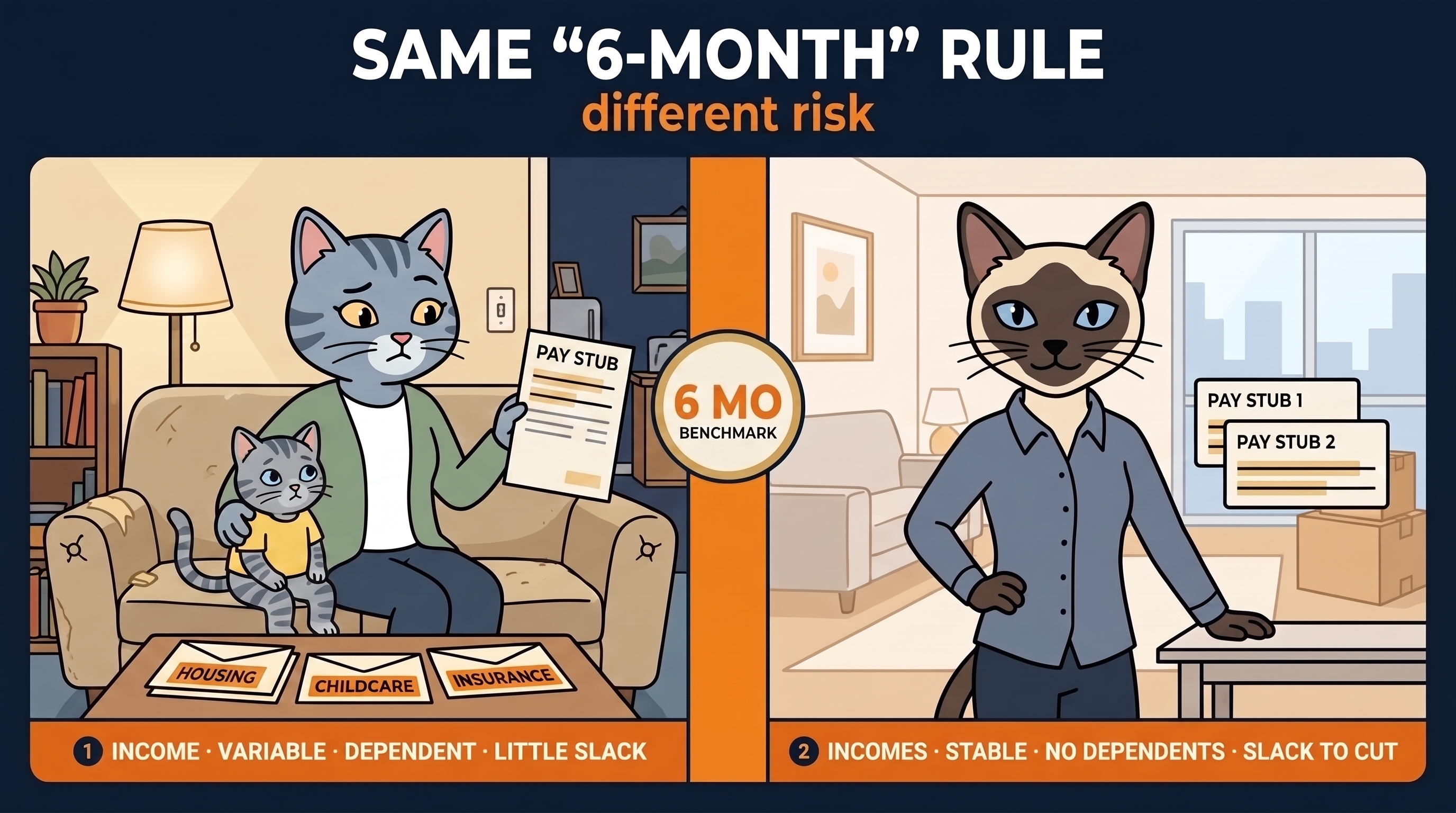 Same 6-month rule, different risk: one income, variable, dependent, little slack versus two incomes, stable, no dependents, slack to cut.