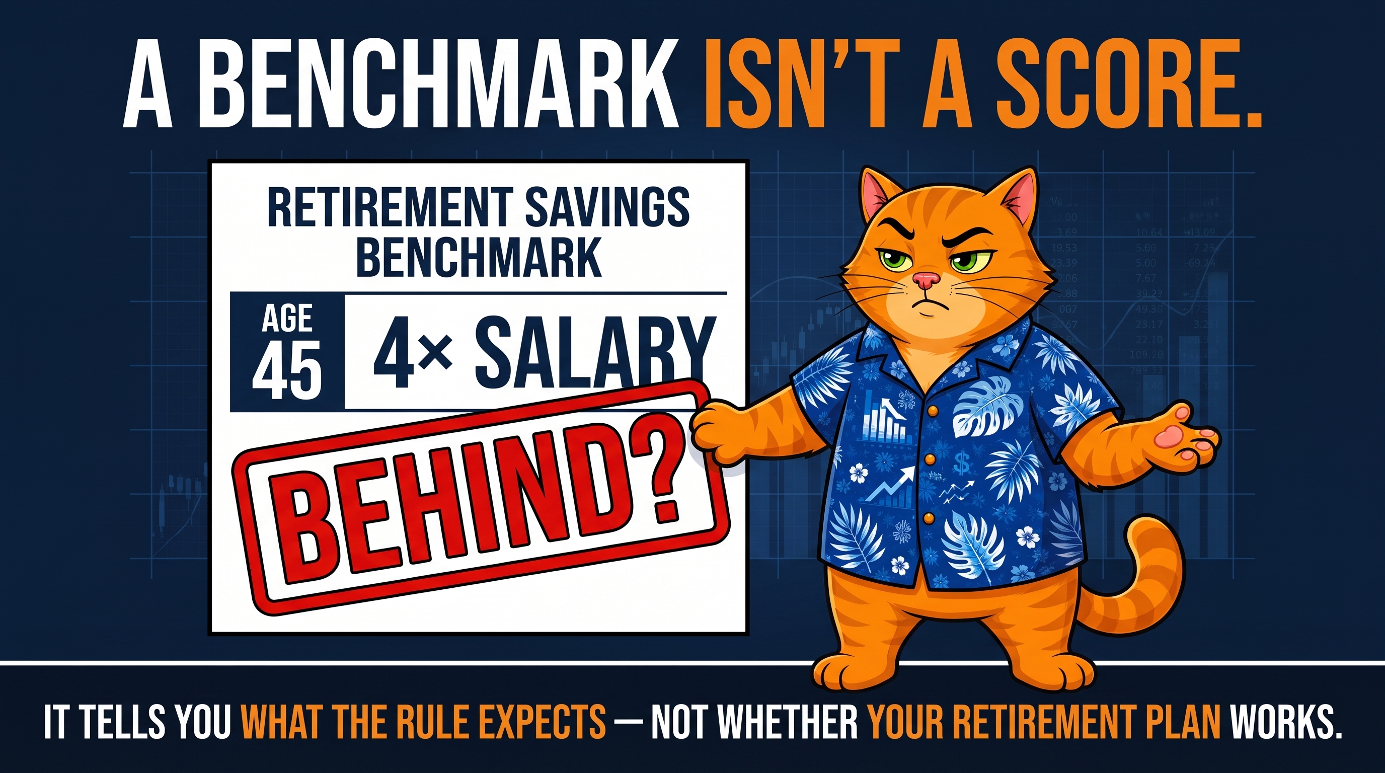 A benchmark isn't a score. Age 45, 4x salary — behind? It tells you what the rule expects, not whether your retirement plan works.