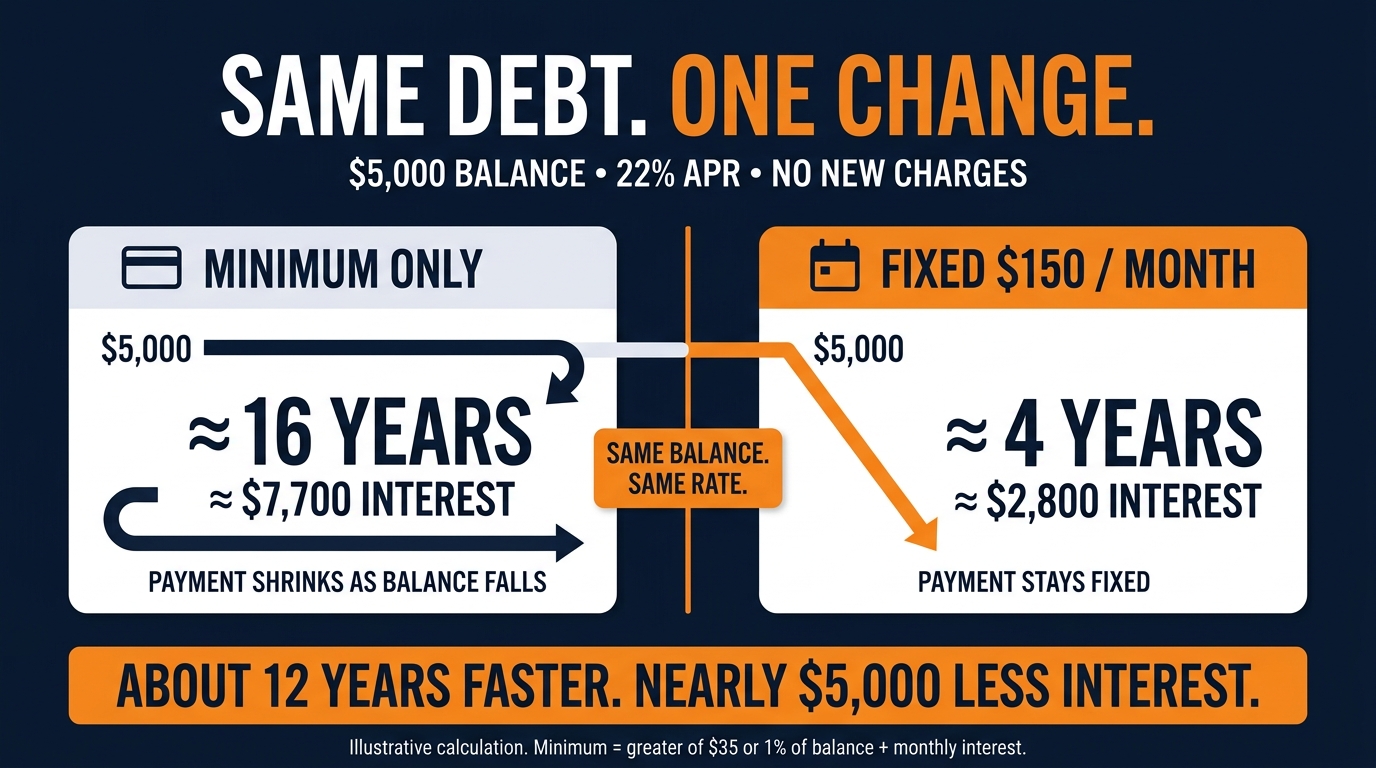 Same debt, one change: $5,000 balance at 22% APR. Minimum only takes about 16 years and about $7,700 interest. A fixed $150/month takes about 4 years and about $2,800 interest — about 12 years faster and nearly $5,000 less interest.