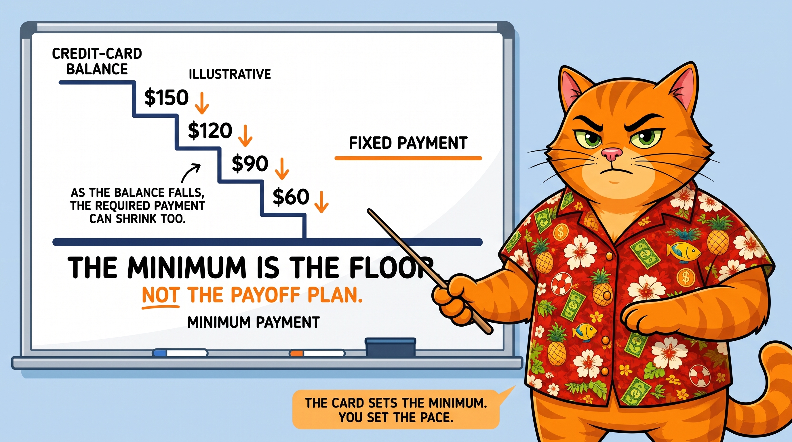 Credit card balance shrinking from $150 to $120 to $90 to $60 as the required minimum payment shrinks too. The minimum is the floor, not the payoff plan.