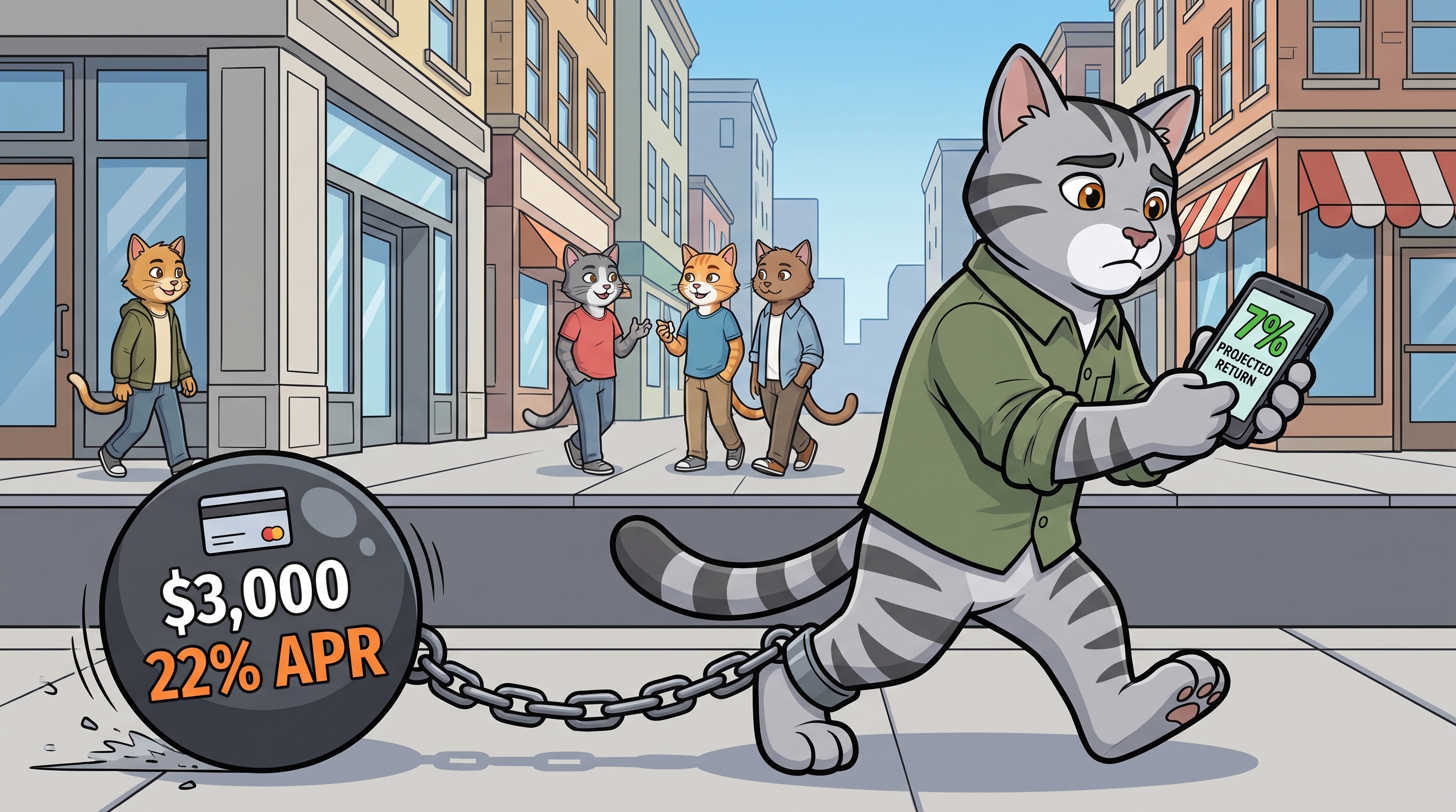 A cat walking down a city street checking a 7% projected return on his phone while dragging a ball and chain labeled $3,000 at 22% APR.