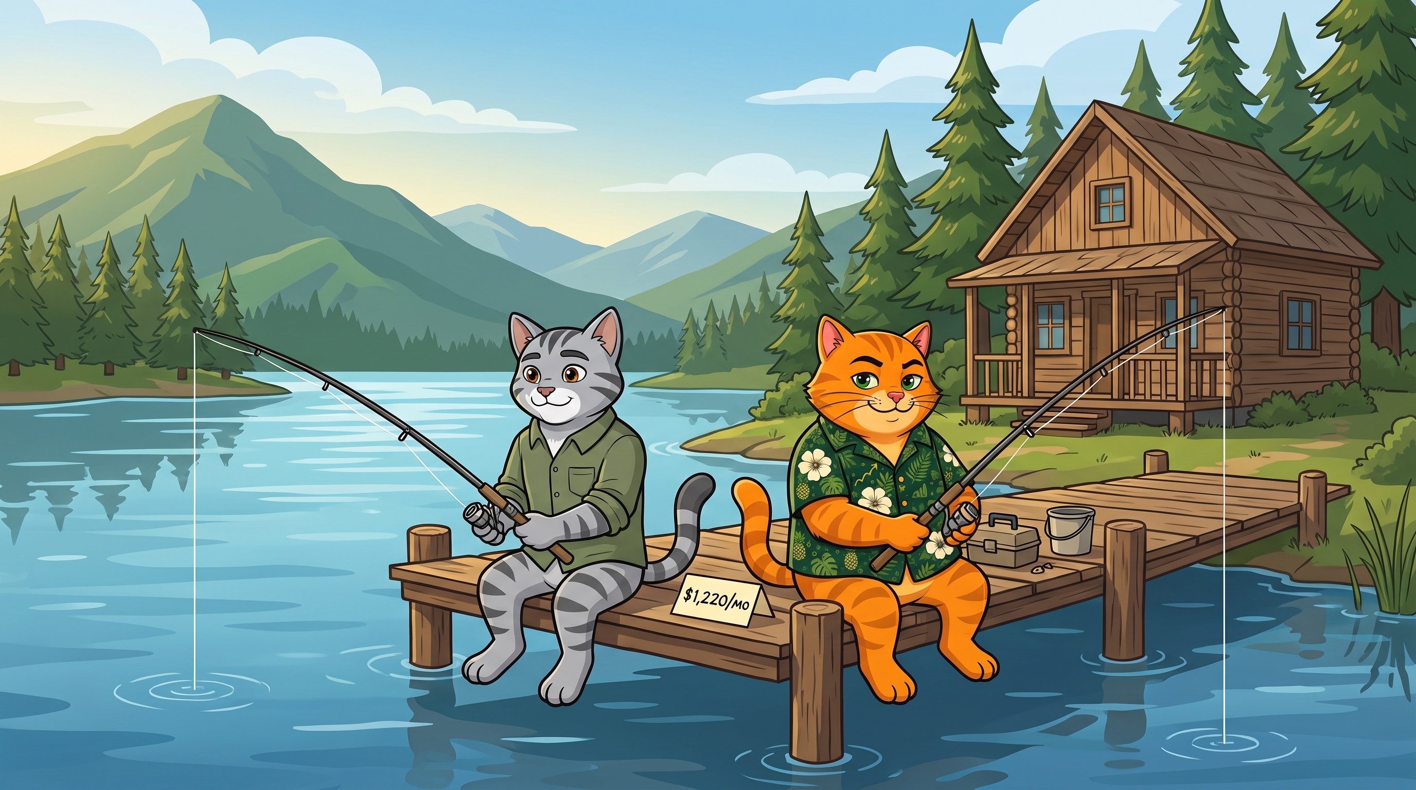Theo and Chuck fishing side by side on a lakeside dock in front of a cabin, with a small sign reading $1,220 a month.