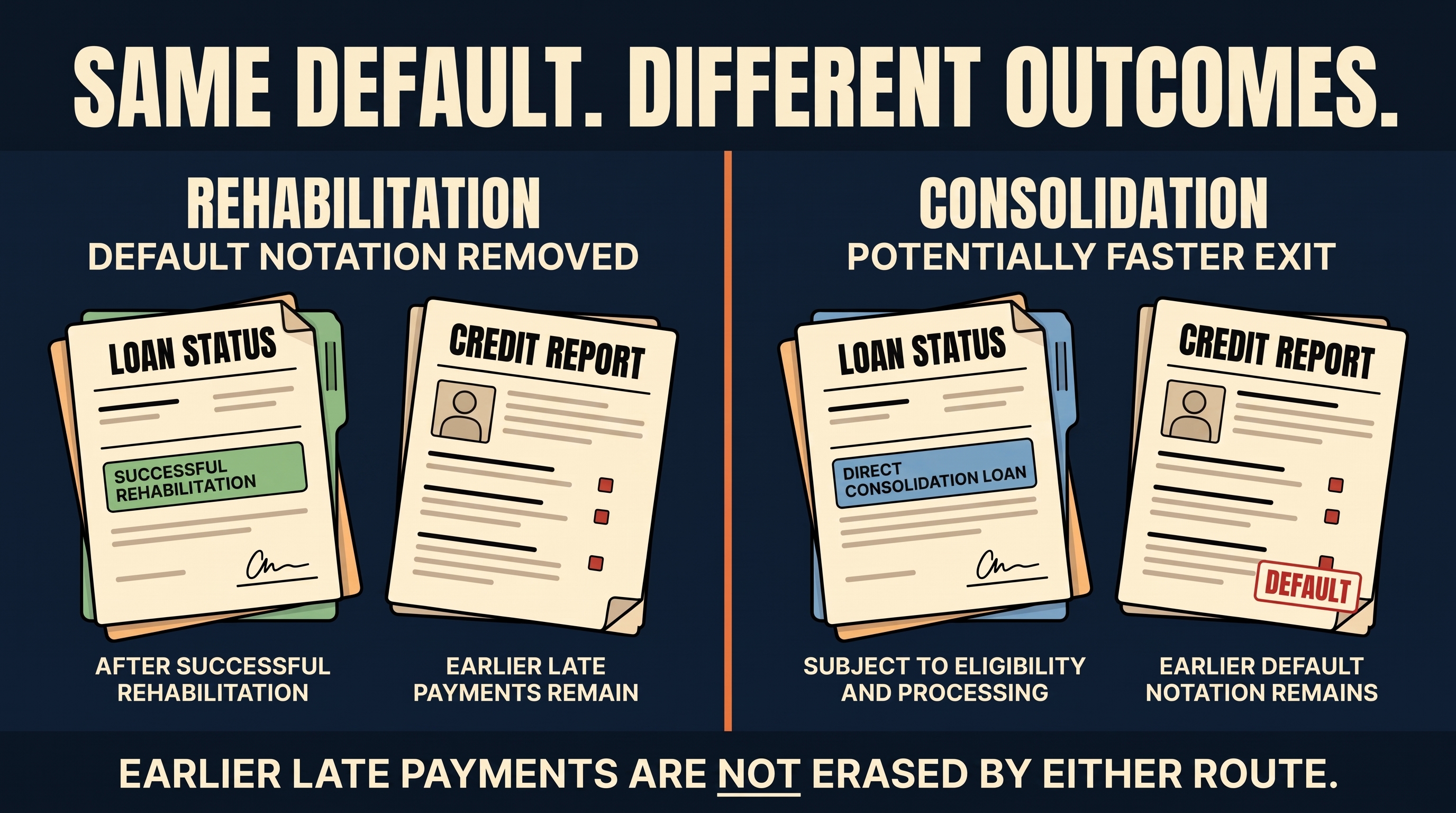 Split-screen infographic titled Same Default, Different Outcomes. Left side, Rehabilitation: loan status shows Successful Rehabilitation, but the credit report still shows earlier late payments remain. Right side, Consolidation: loan status shows Direct Consolidation Loan, and the credit report still shows a Default stamp. Footer: Earlier late payments are not erased by either route.