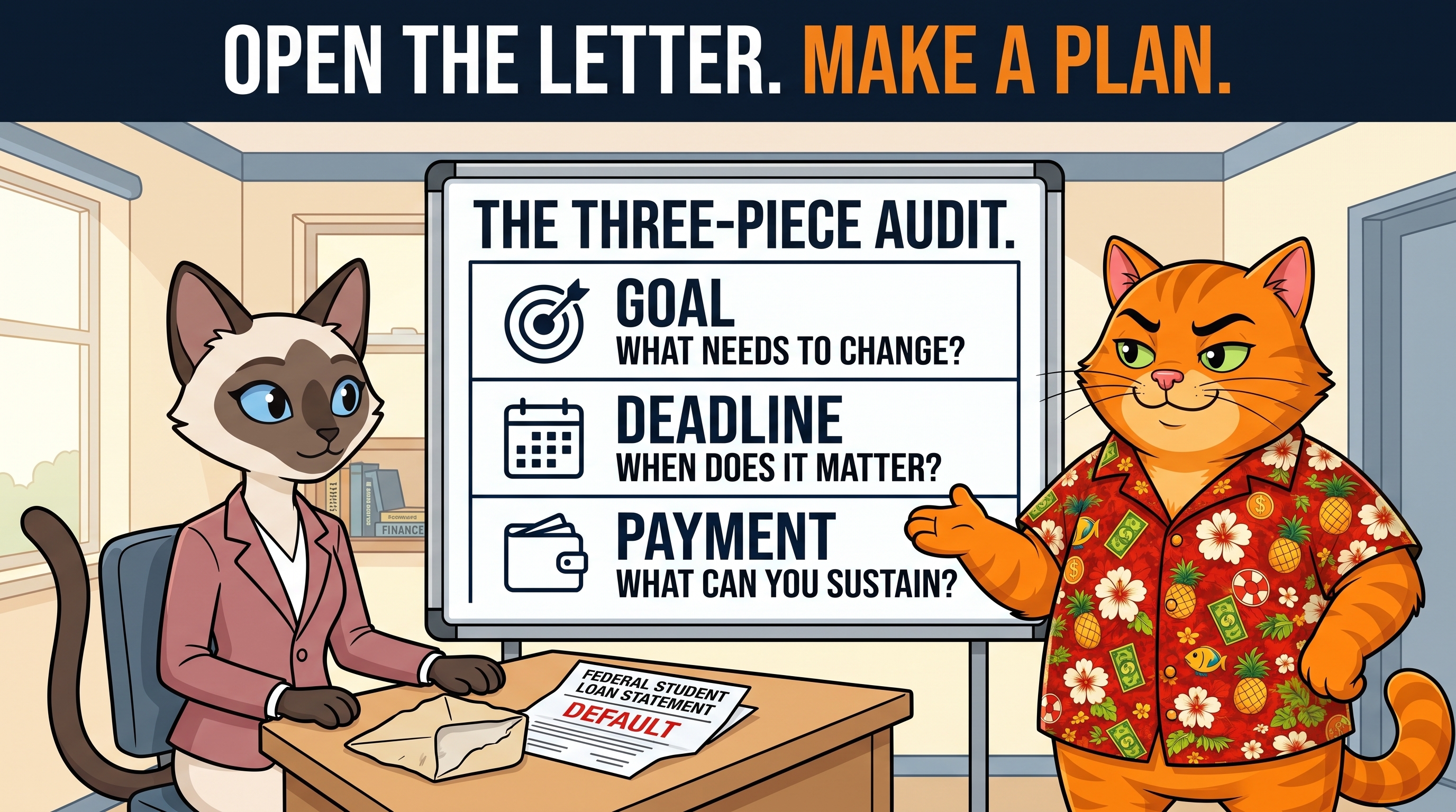Chuck gestures toward a whiteboard titled The Three-Piece Audit, listing Goal (what needs to change), Deadline (when does it matter), and Payment (what can you sustain), while a second cat stands at a desk beside an opened envelope and a federal student loan default letter. Headline: Open the letter. Make a plan.
