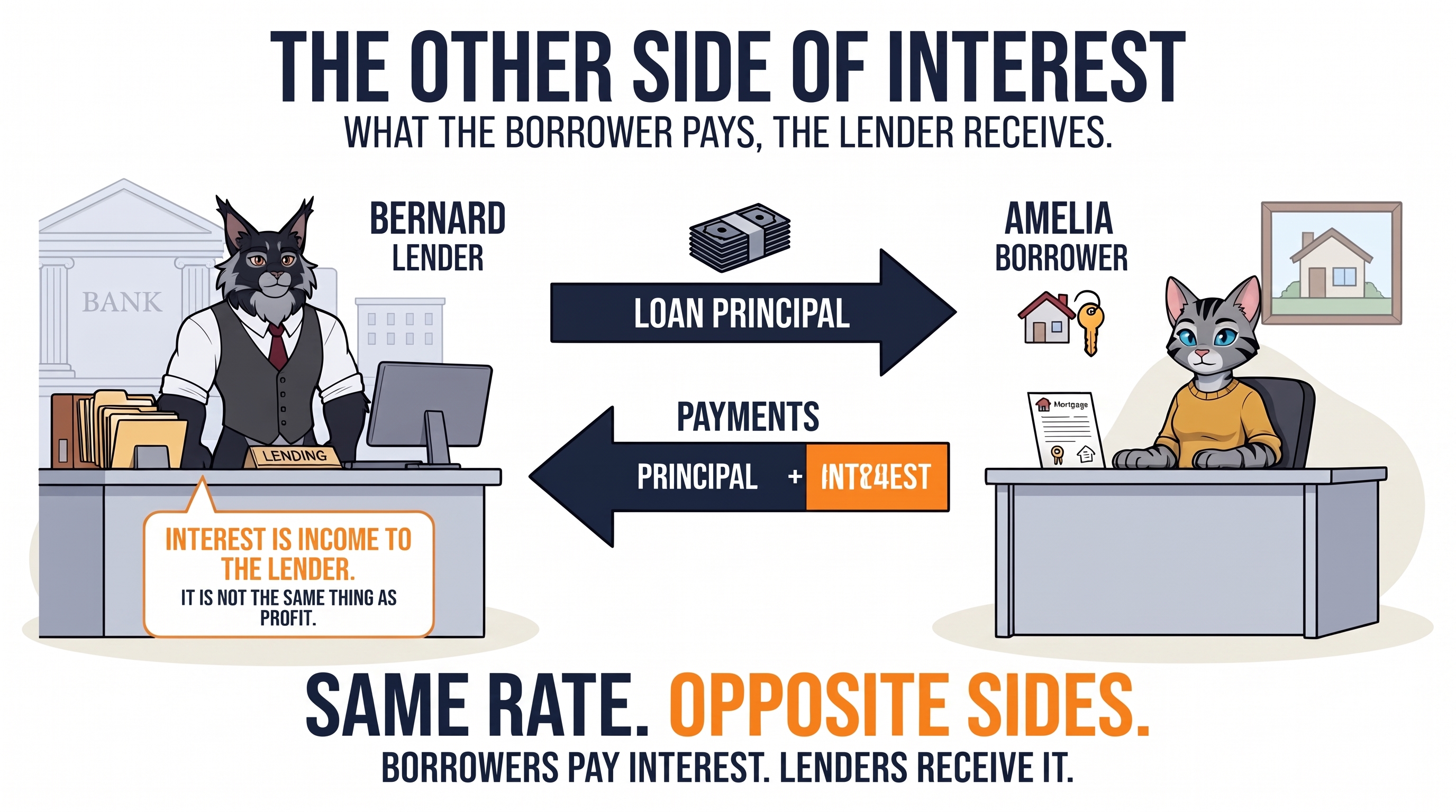 Diagram titled The Other Side of Interest: what the borrower pays, the lender receives. Bernard the lender sits at a bank desk on the left and Amelia the borrower at a desk on the right. An arrow labeled loan principal runs from lender to borrower, and an arrow labeled payments, principal plus interest, runs back. A callout reads: interest is income to the lender; it is not the same thing as profit. Footer: Same rate. Opposite sides.