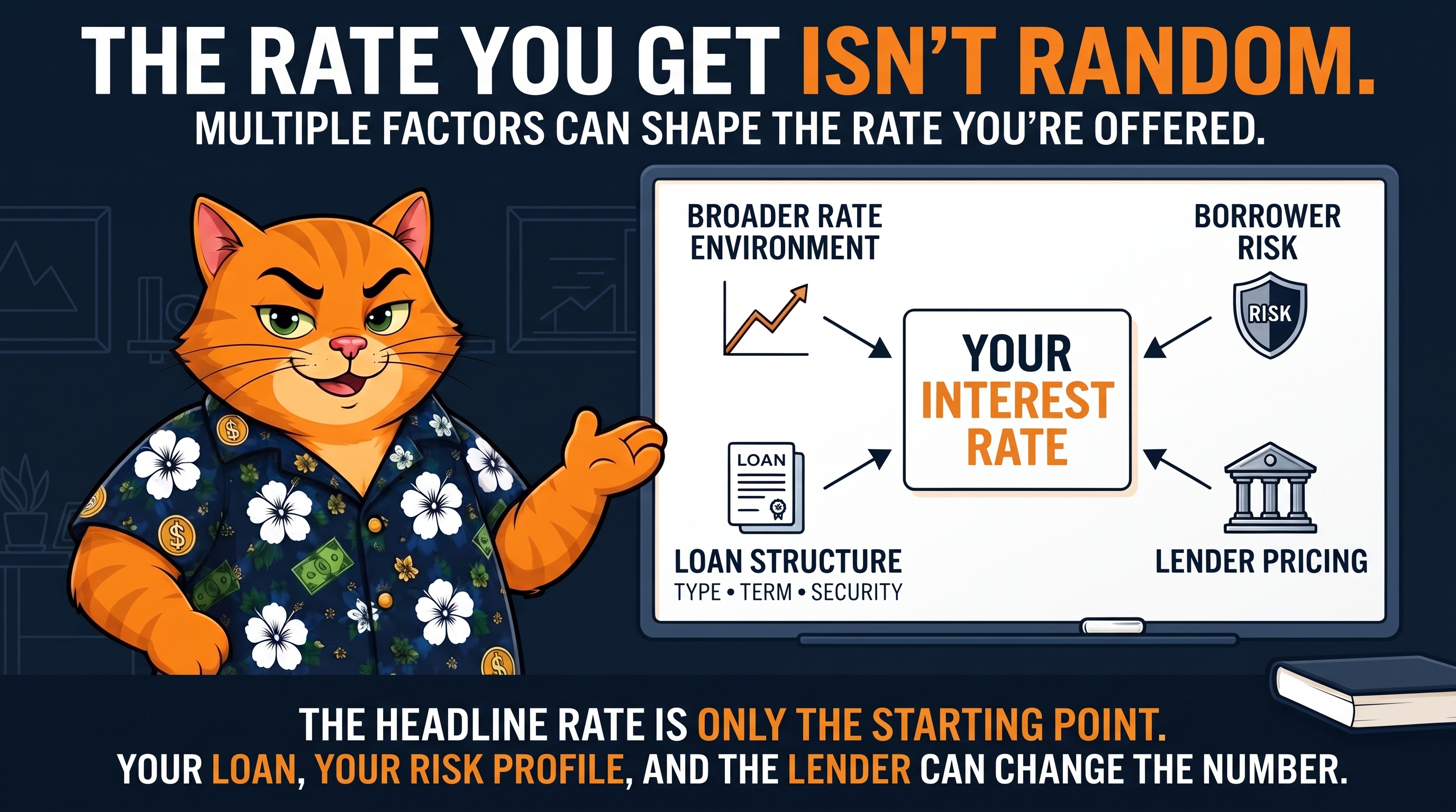Chuck gestures toward a whiteboard titled Your Interest Rate, with four inputs pointing at it: the broader rate environment, borrower risk, loan structure (type, term, security), and lender pricing. Headline: The rate you get isn't random. The headline rate is only the starting point; your loan, your risk profile, and the lender can change the number.