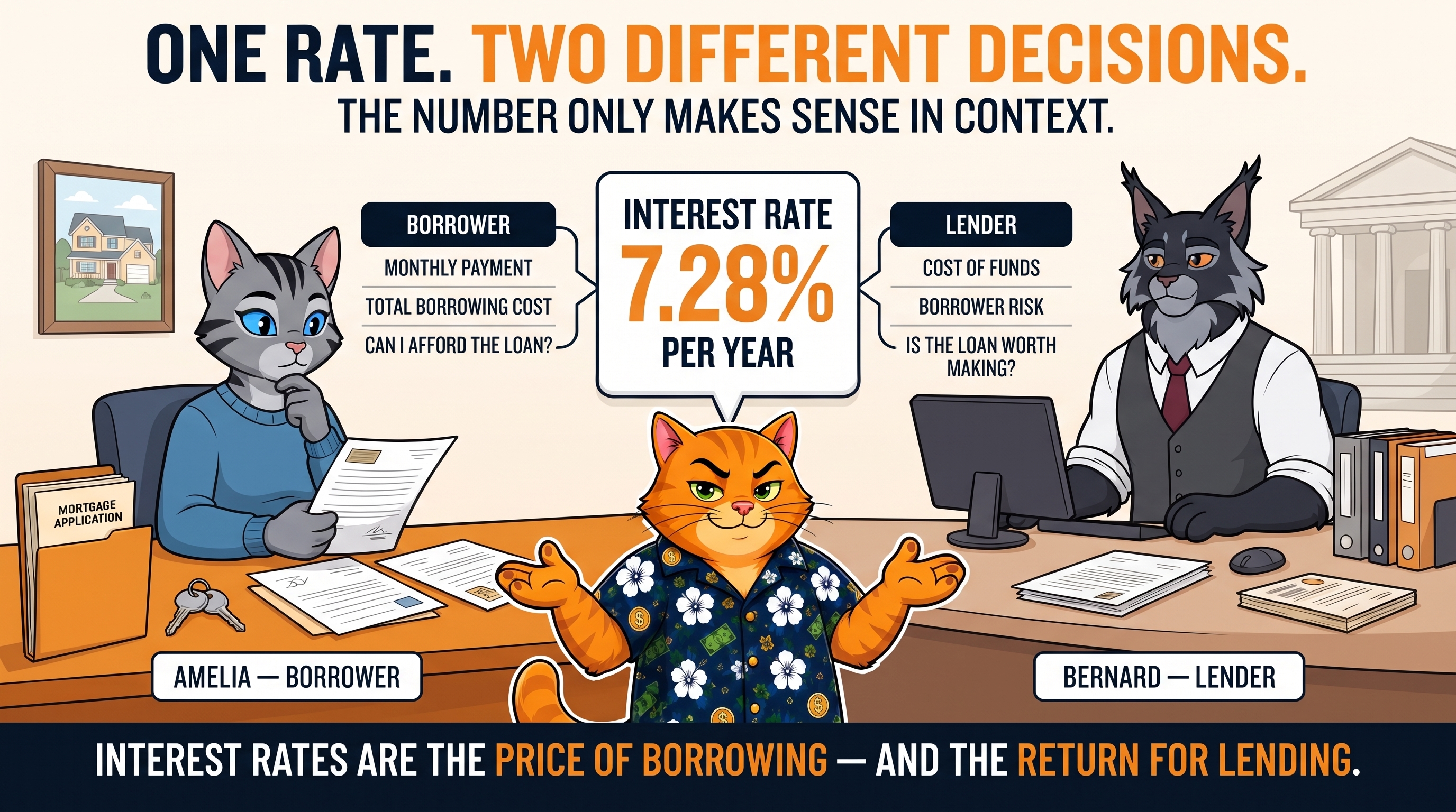 Chuck shrugs between Amelia the borrower and Bernard the lender, under an Interest Rate 7.28% per year bubble. Amelia's side lists monthly payment, total borrowing cost, and can I afford the loan. Bernard's side lists cost of funds, borrower risk, and is the loan worth making. Headline: One rate. Two different decisions. Footer: Interest rates are the price of borrowing and the return for lending.