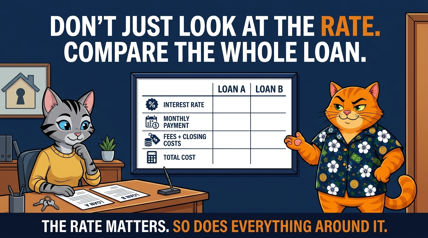 Chuck stands beside a whiteboard comparing Loan A and Loan B across four rows: interest rate, monthly payment, fees and closing costs, and total cost, while a second cat sits at a desk with two loan papers. Headline: Don't just look at the rate. Compare the whole loan. Footer: The rate matters. So does everything around it.